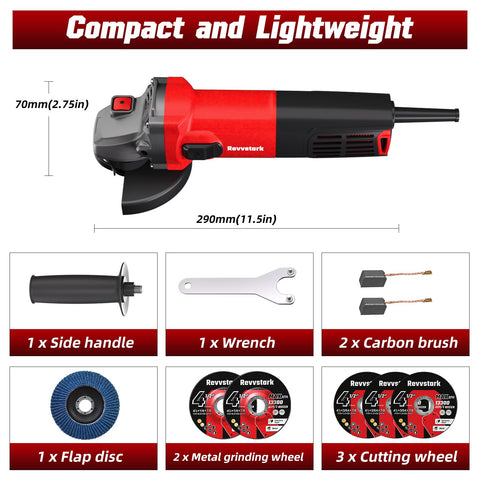 Revvstark angle grinder 1.8 m cord offers extended reach.