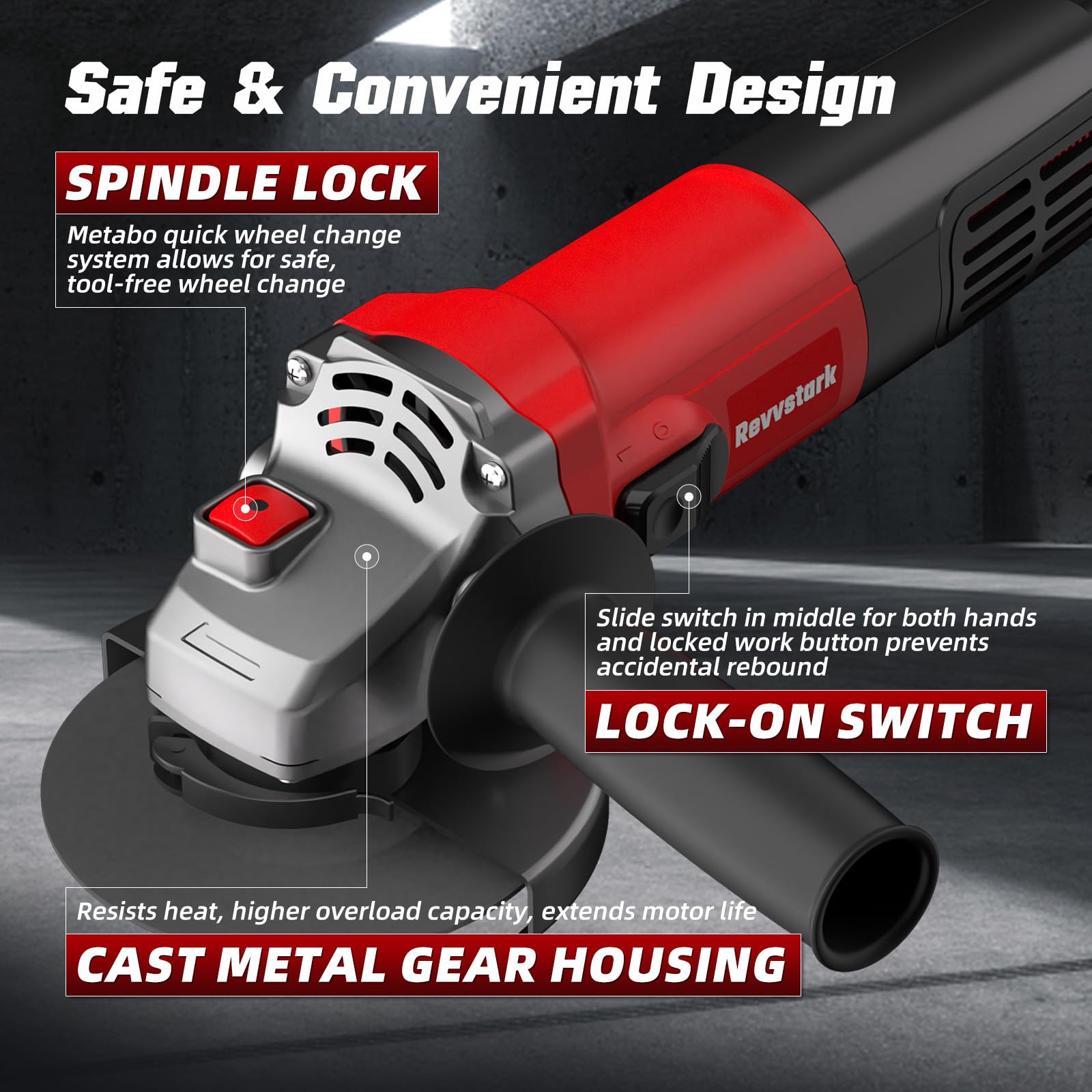 Revvstark angle grinder is lightweight at 3.9 pounds for fatigue-free work.