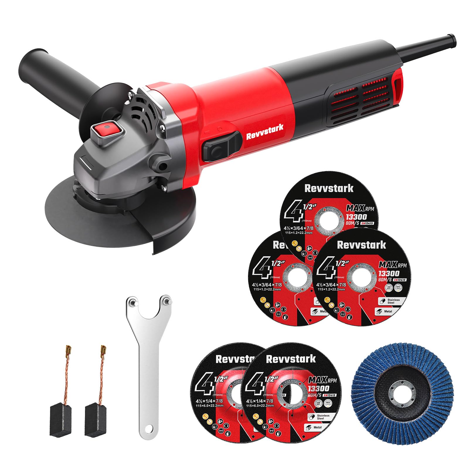 Revvstark angle grinder motor delivers 7.5-amp power for tough cuts.