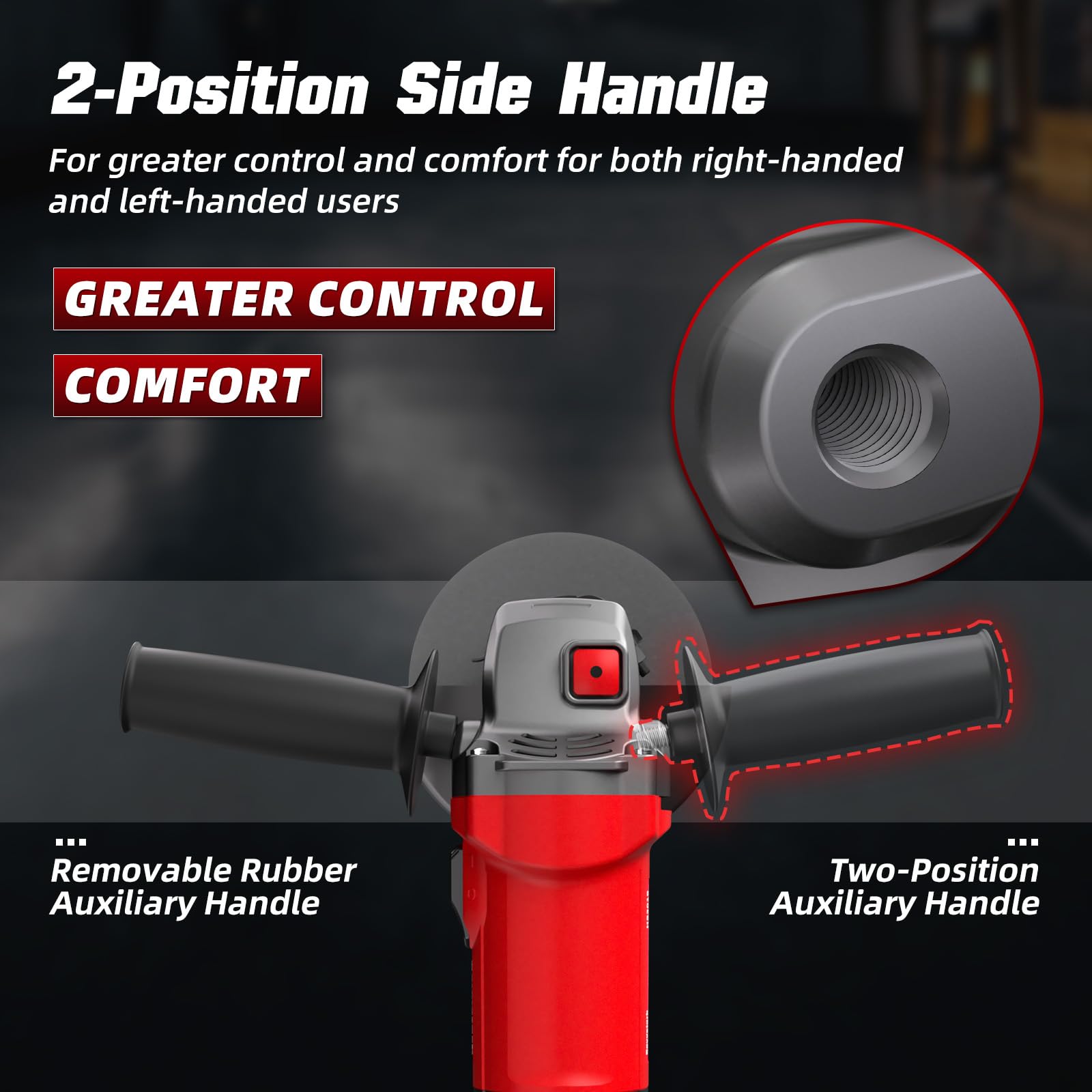 Revvstark angle grinder spindle lock enables quick wheel changes.