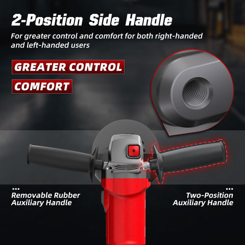 Revvstark angle grinder spindle lock enables quick wheel changes.