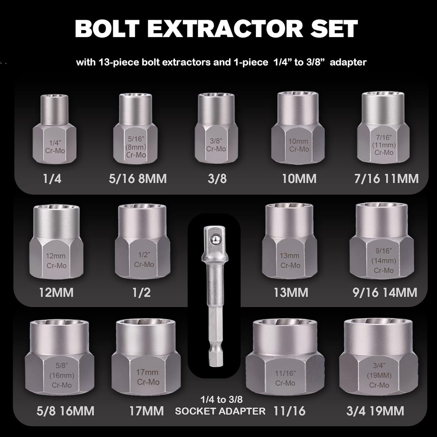 REXBETI bolt and nut remover set with multiple sizes.