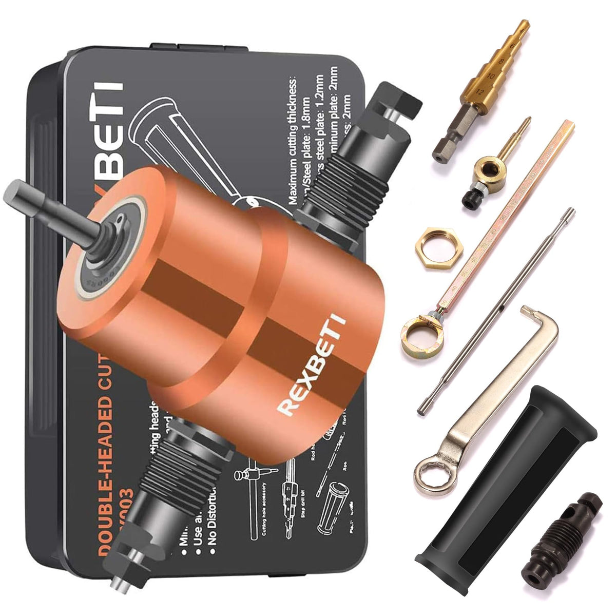 REXBETI double headed nibbler in use for burr-free metal cuts.