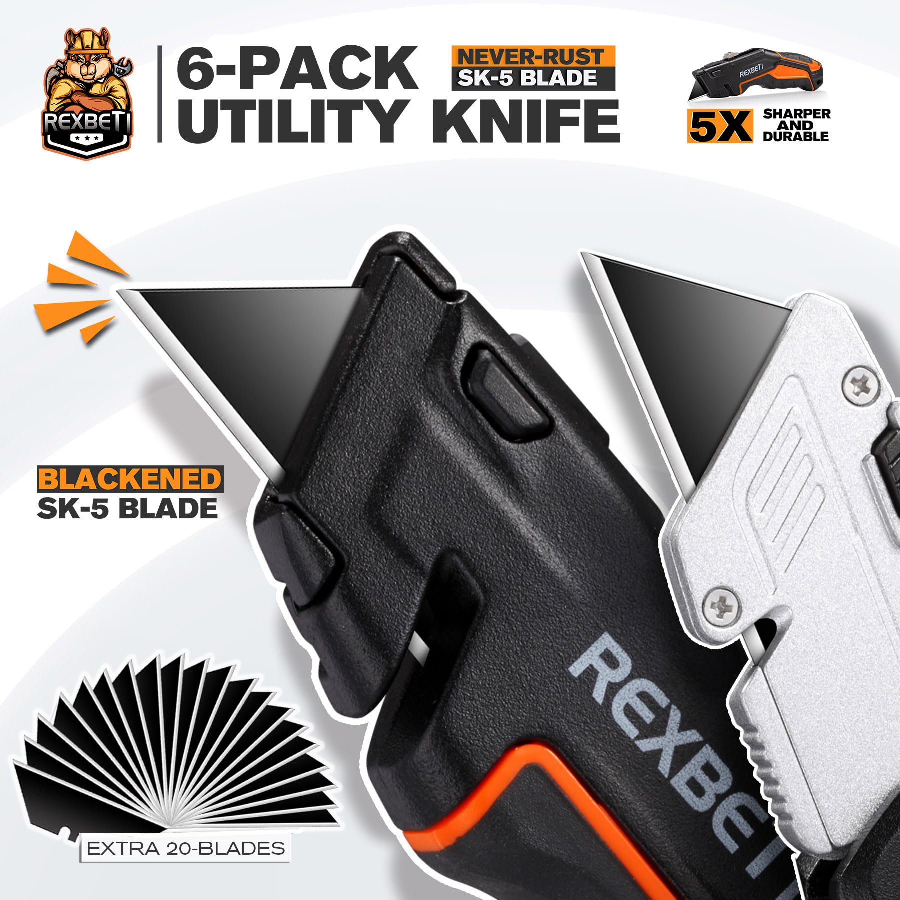 REXBETI folding-design utility knife ideal for light to heavy cardboard cutting.