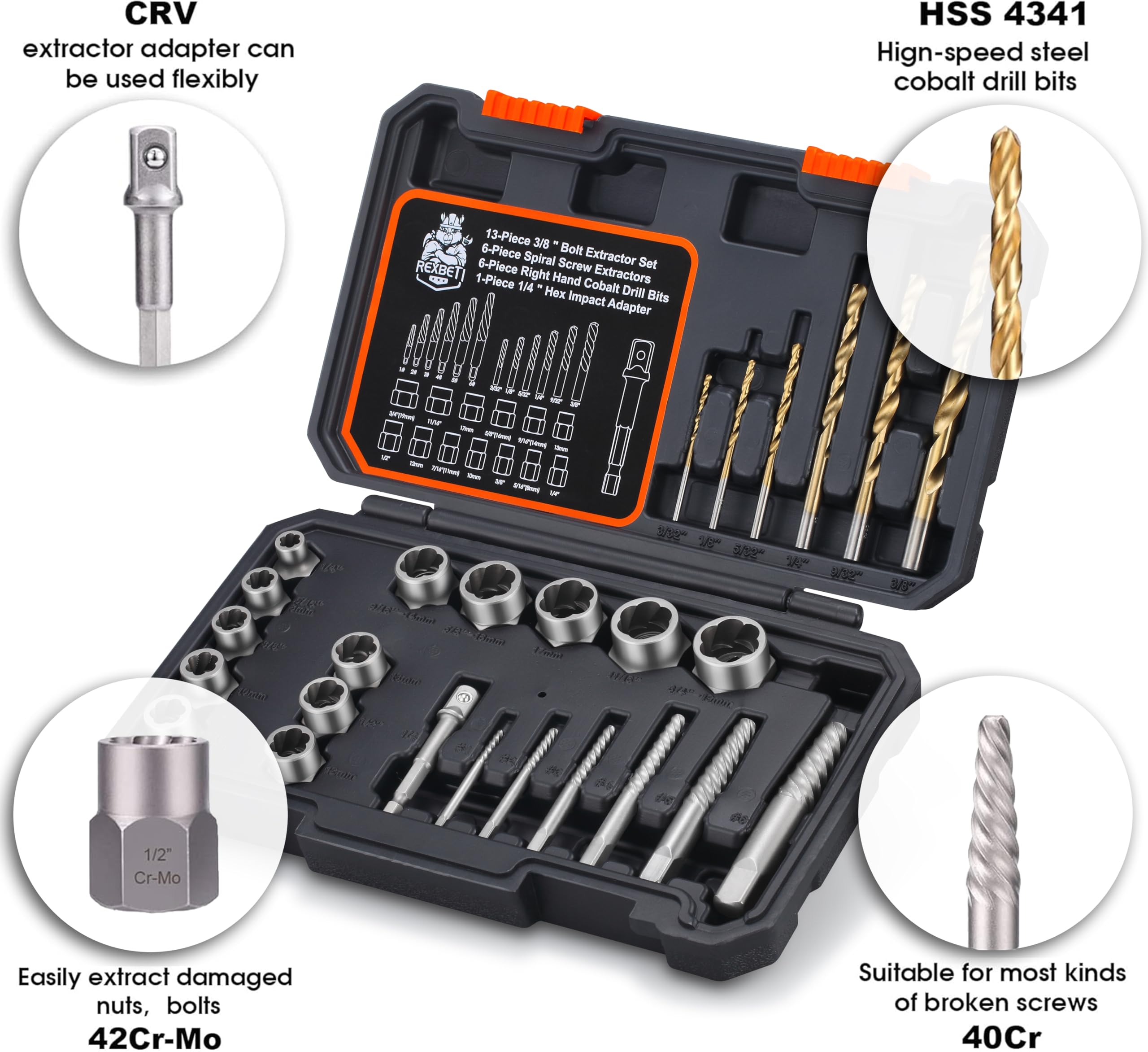 REXBETI HSS left-hand drill bits for precise removal tasks.