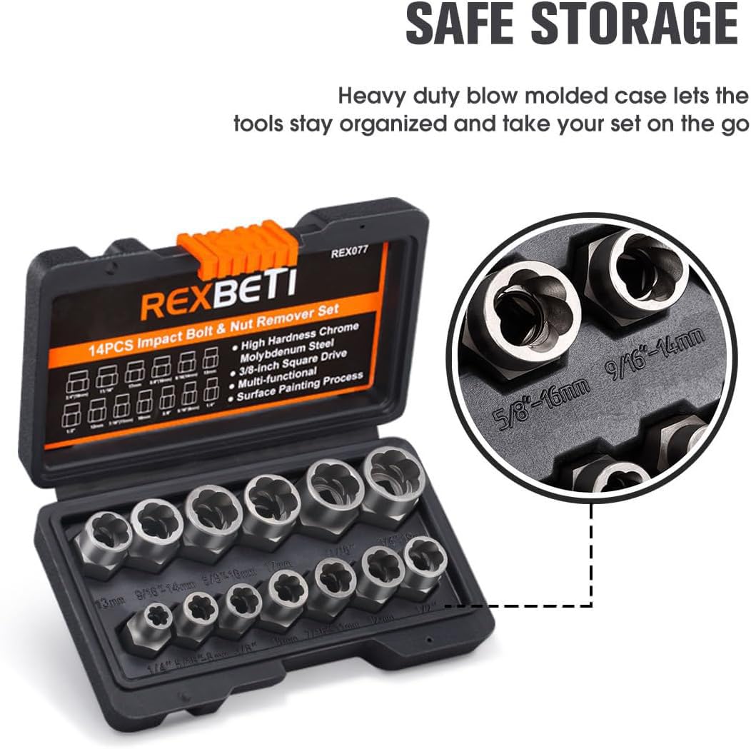 Chrome-moly steel bits highlight durability for rusted or stripped bolts.