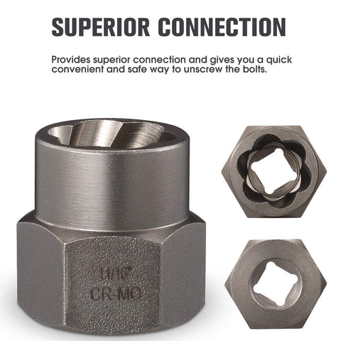 Size chart displays 3/8-inch drive bolt and nut removers across common sizes.