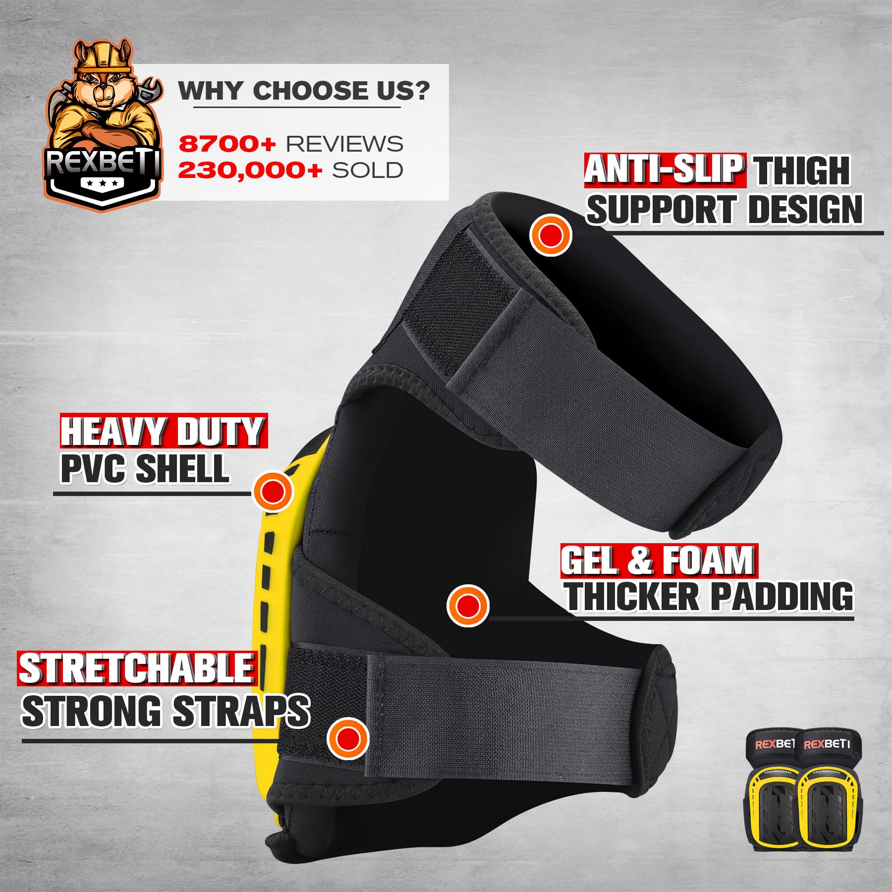 REXBETI knee pads anti-slip shell keeps knees secure on uneven surfaces.