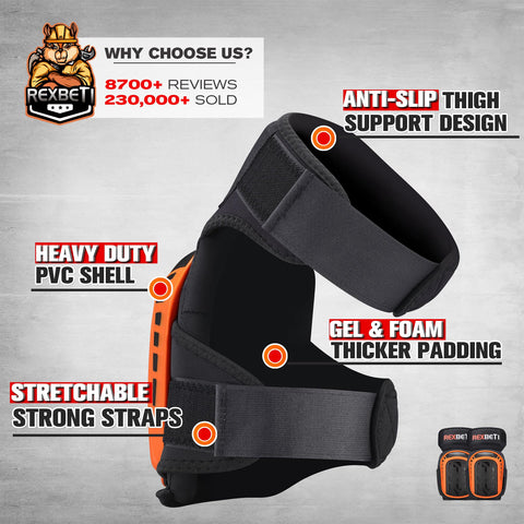 REXBETI knee pads’ heavy-duty PVC shell protects against impact on rugged surfaces.