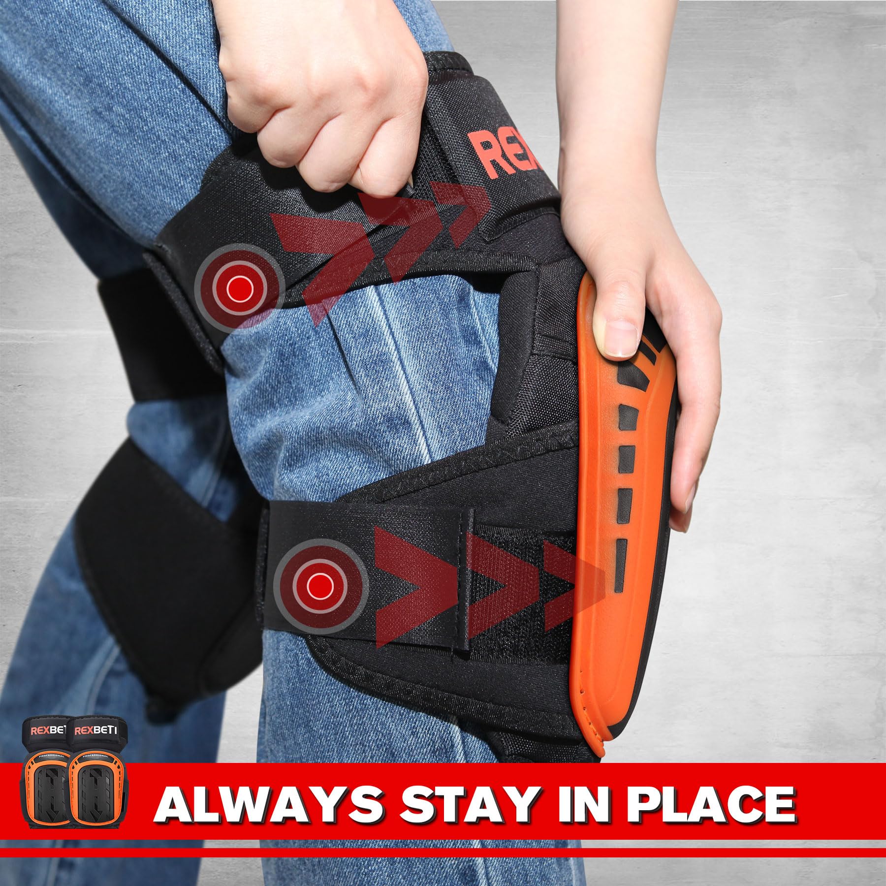 REXBETI knee pads secure with a reliable hook-and-loop strap for mobility.