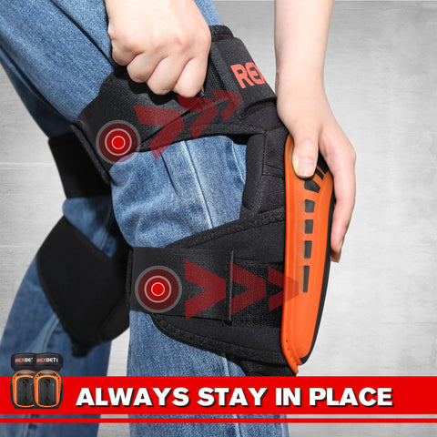 REXBETI knee pads secure with a reliable hook-and-loop strap for mobility.