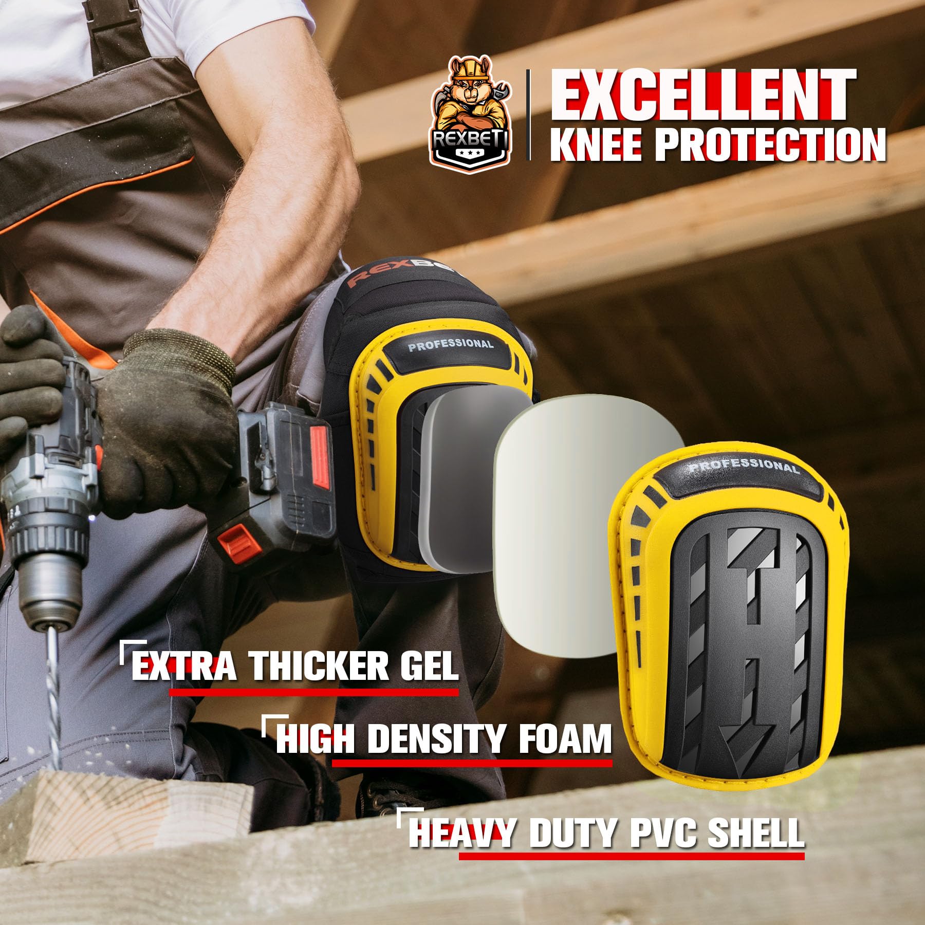 REXBETI knee pads strong strap provides secure, adjustable fit.