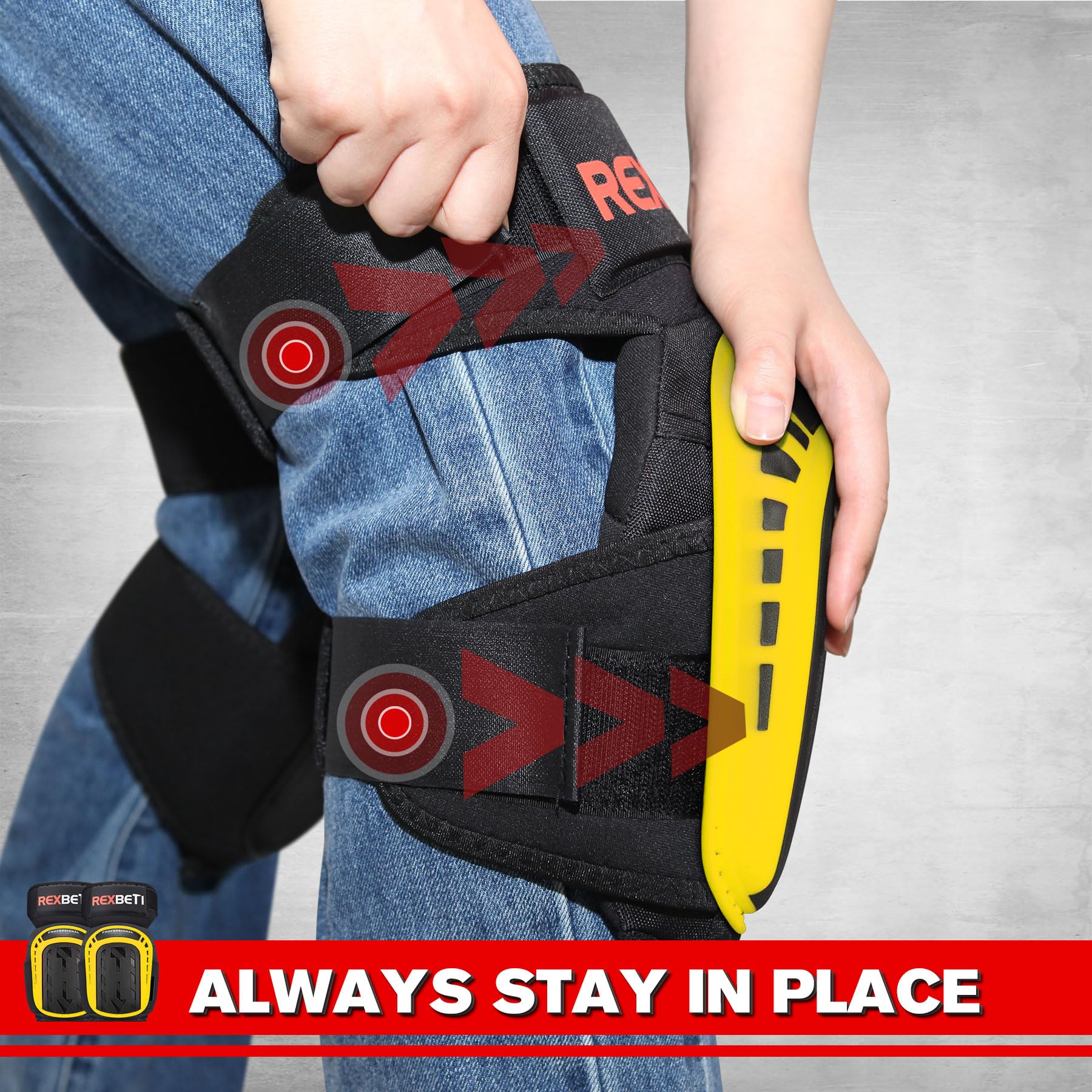REXBETI knee pads thigh-support design enhances stability during work.