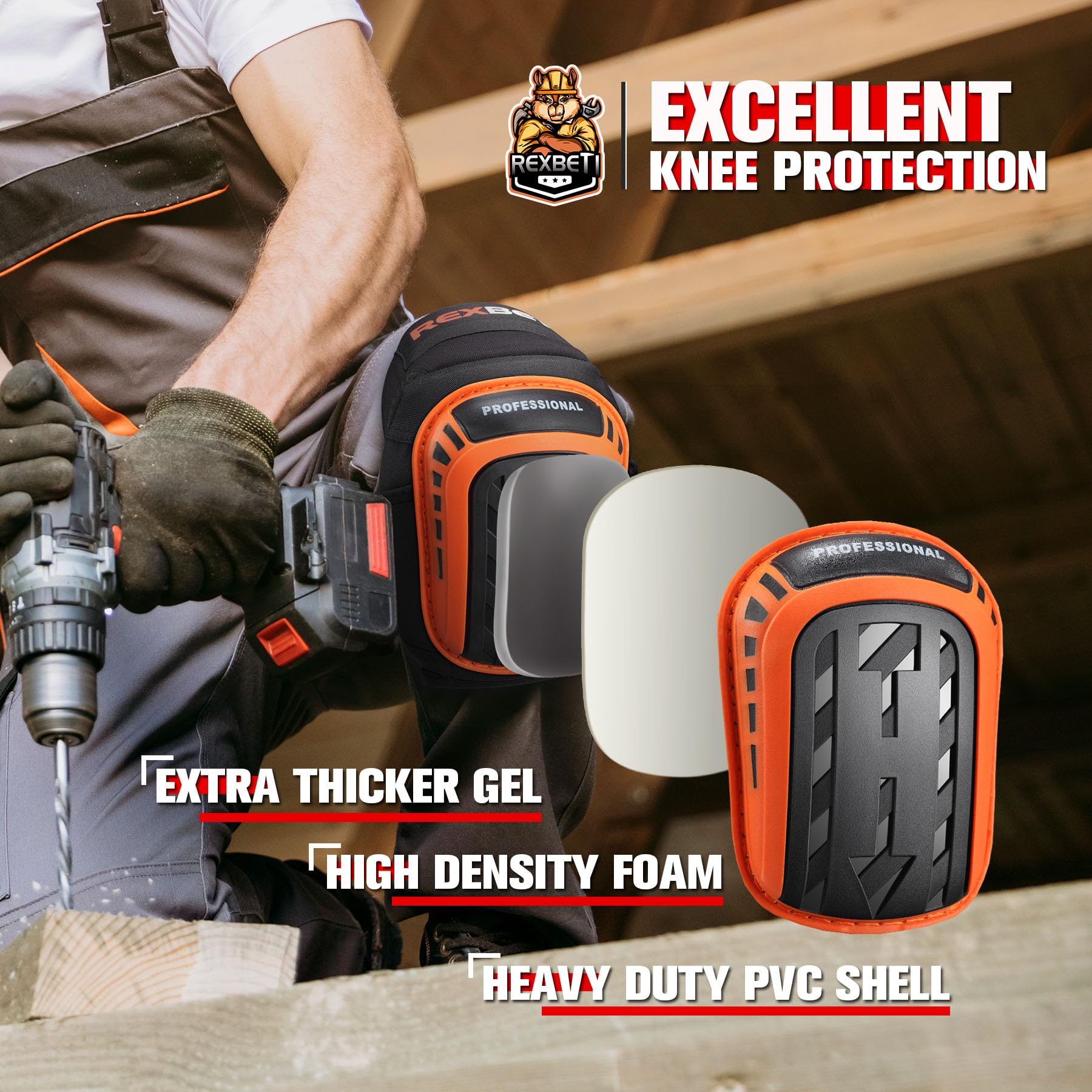 REXBETI knee pads feature thigh support for a secure, stable fit.