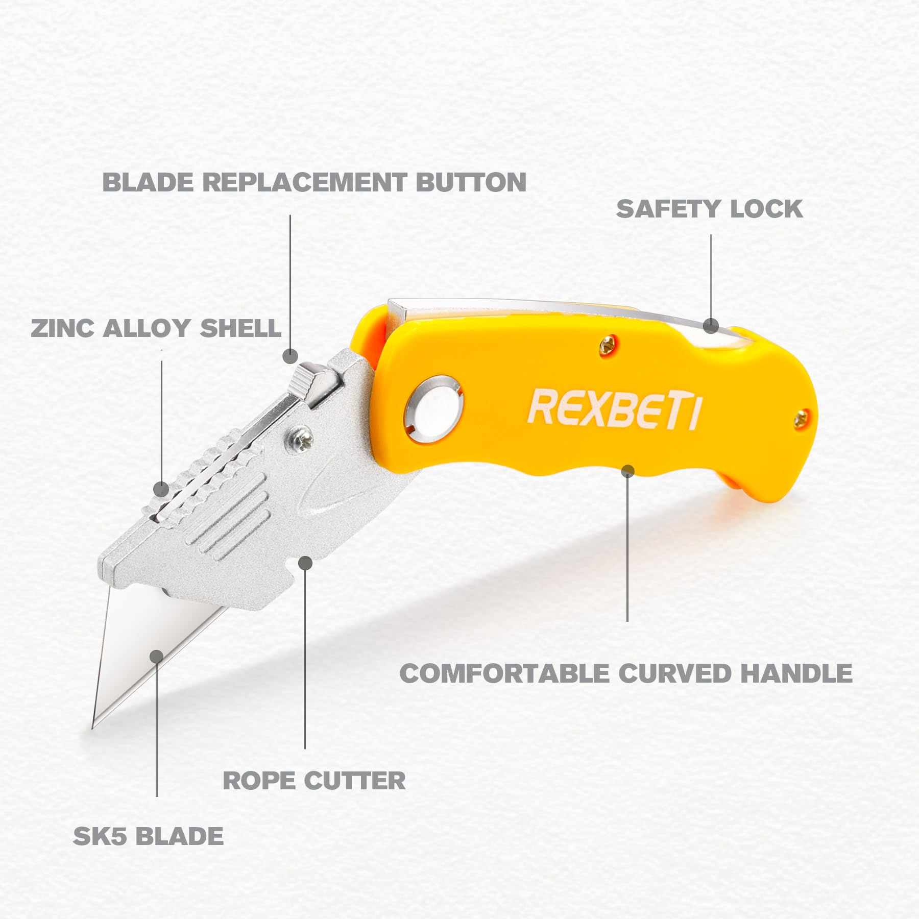 REXBETI quick-change blade system enables fast, tool-free blade swaps.