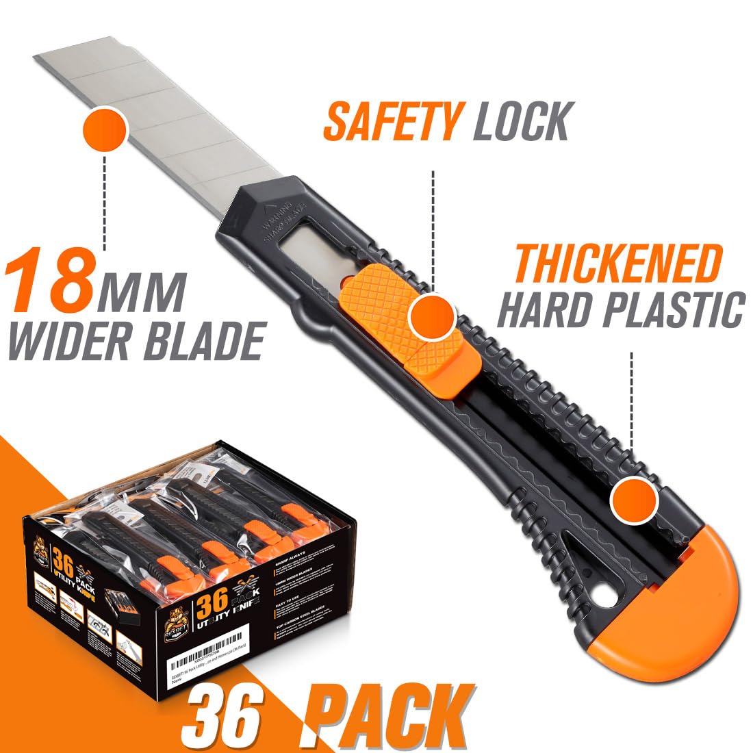 REXBETI retractable box cutter with 18mm blade for deep cuts.
