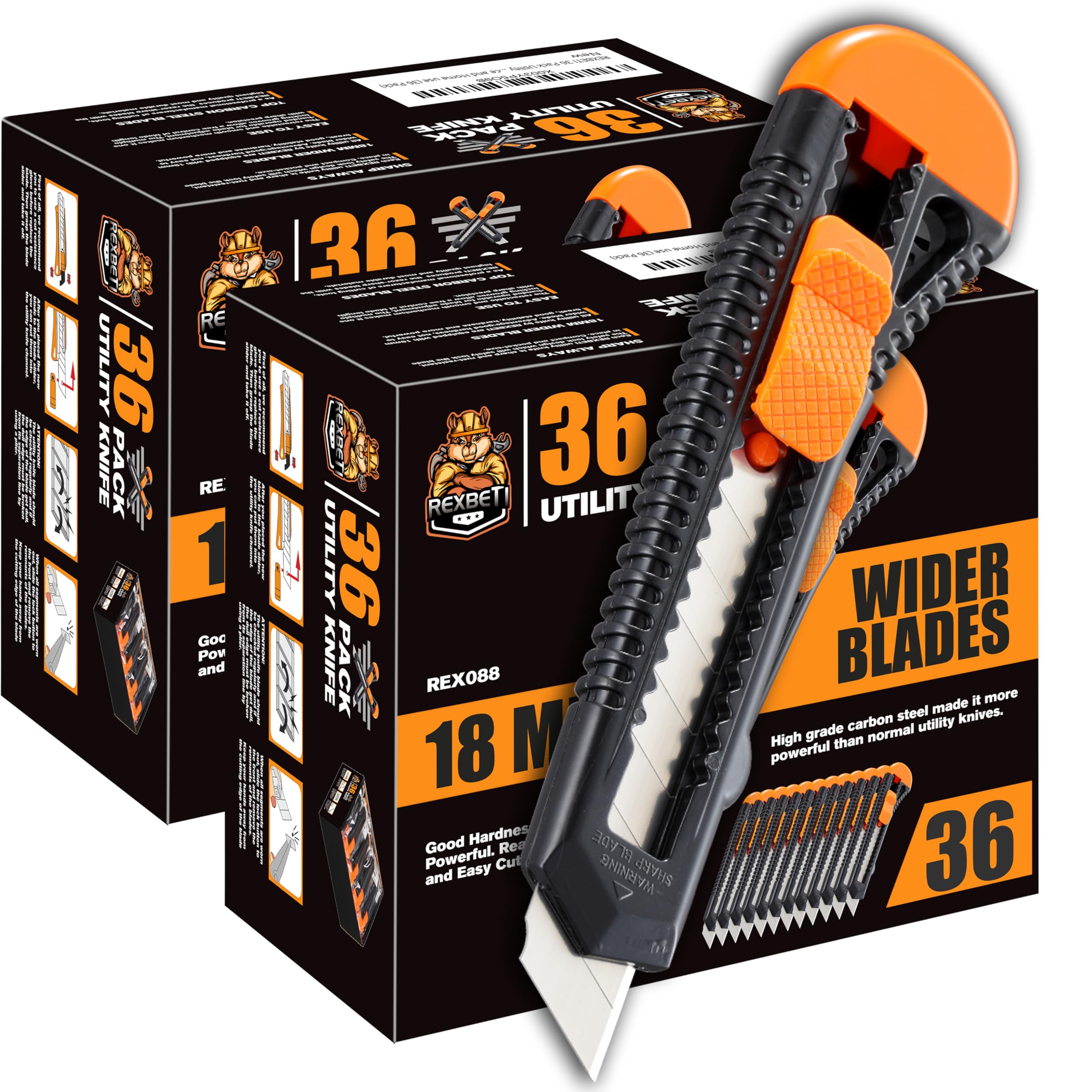 REXBETI utility knife close-up with 18mm blade for precise carton cuts.