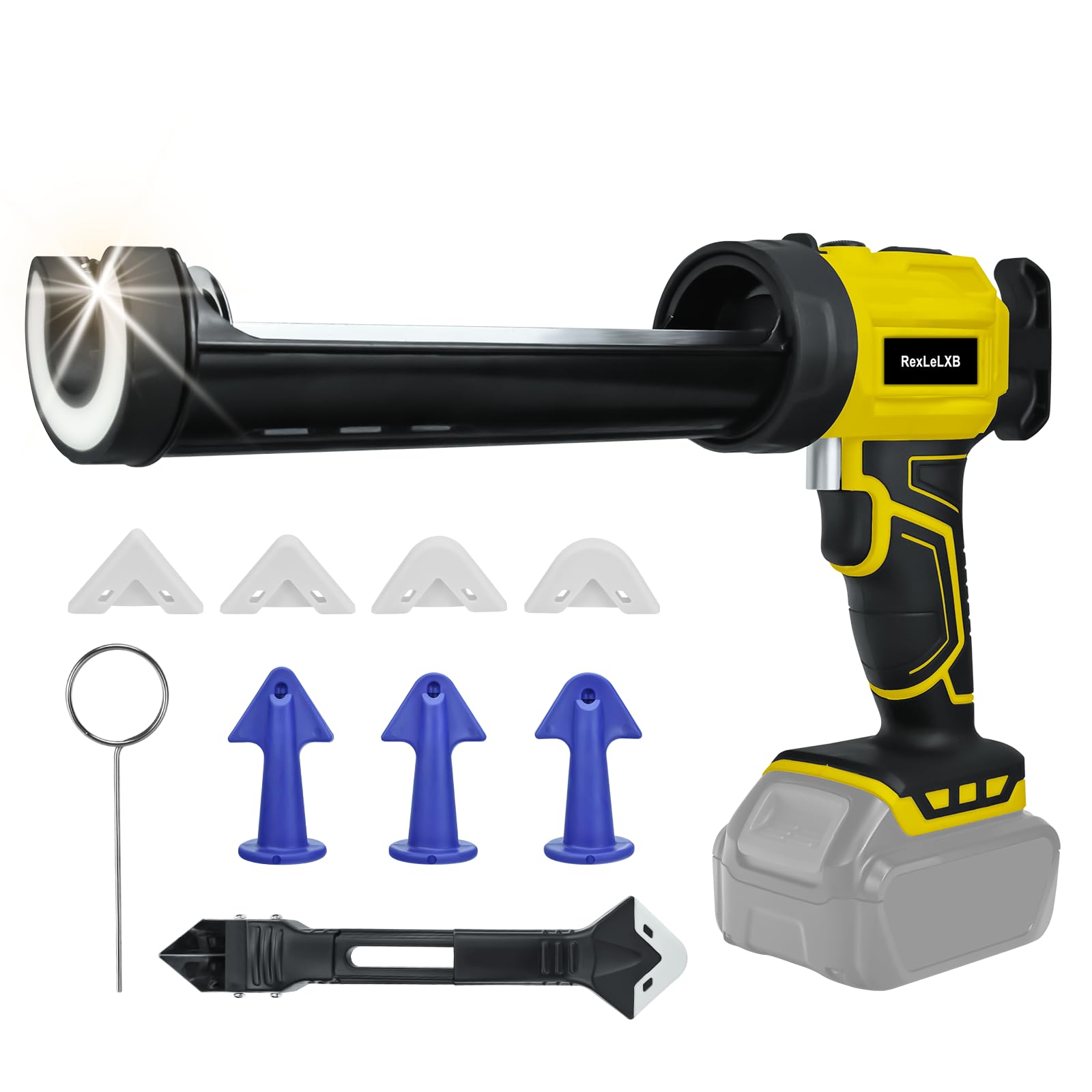 RexLeLXB cordless caulk gun with DeWalt 20V compatibility enables smooth bead application.