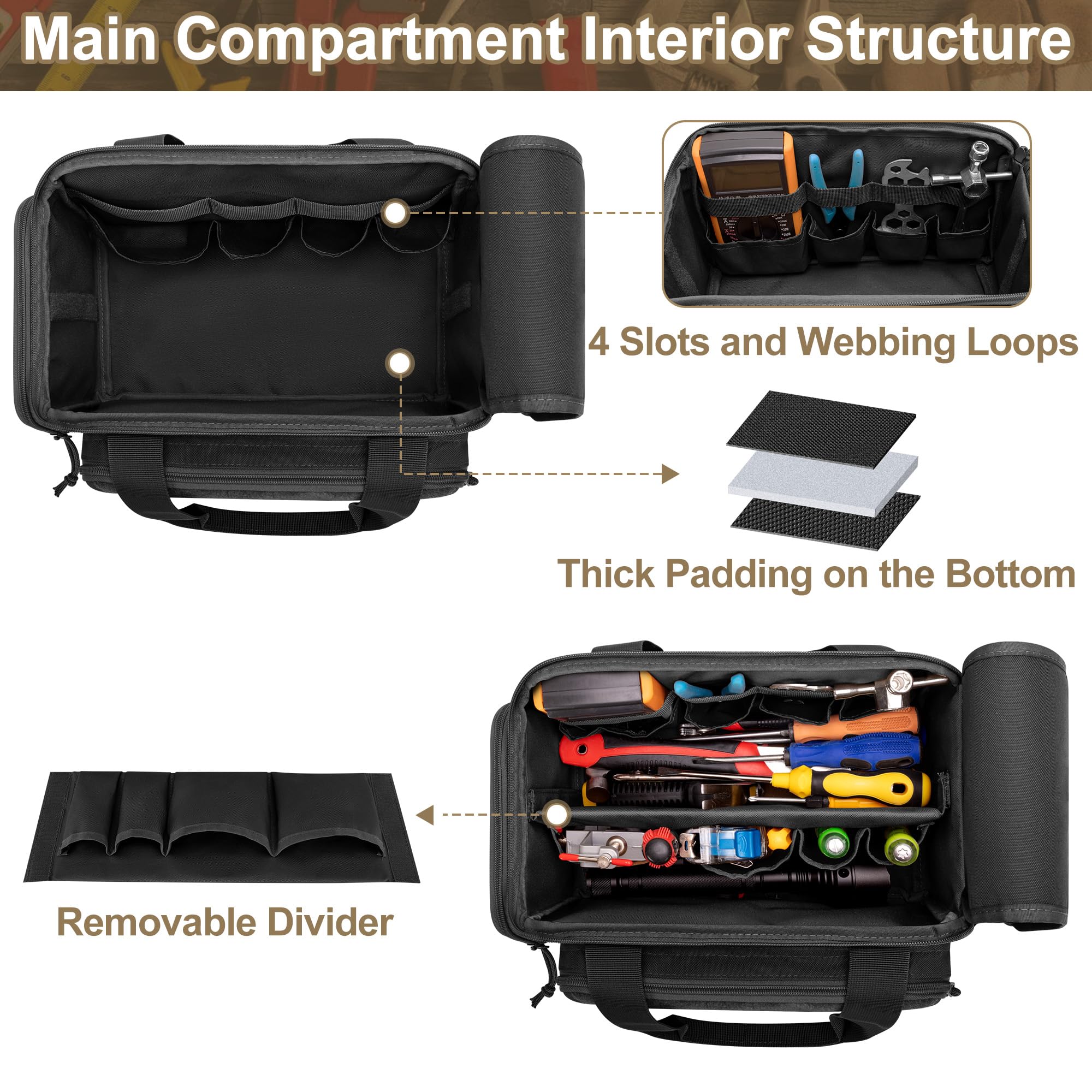 Rexmica tool bag removable divider helps you customize tool layouts quickly