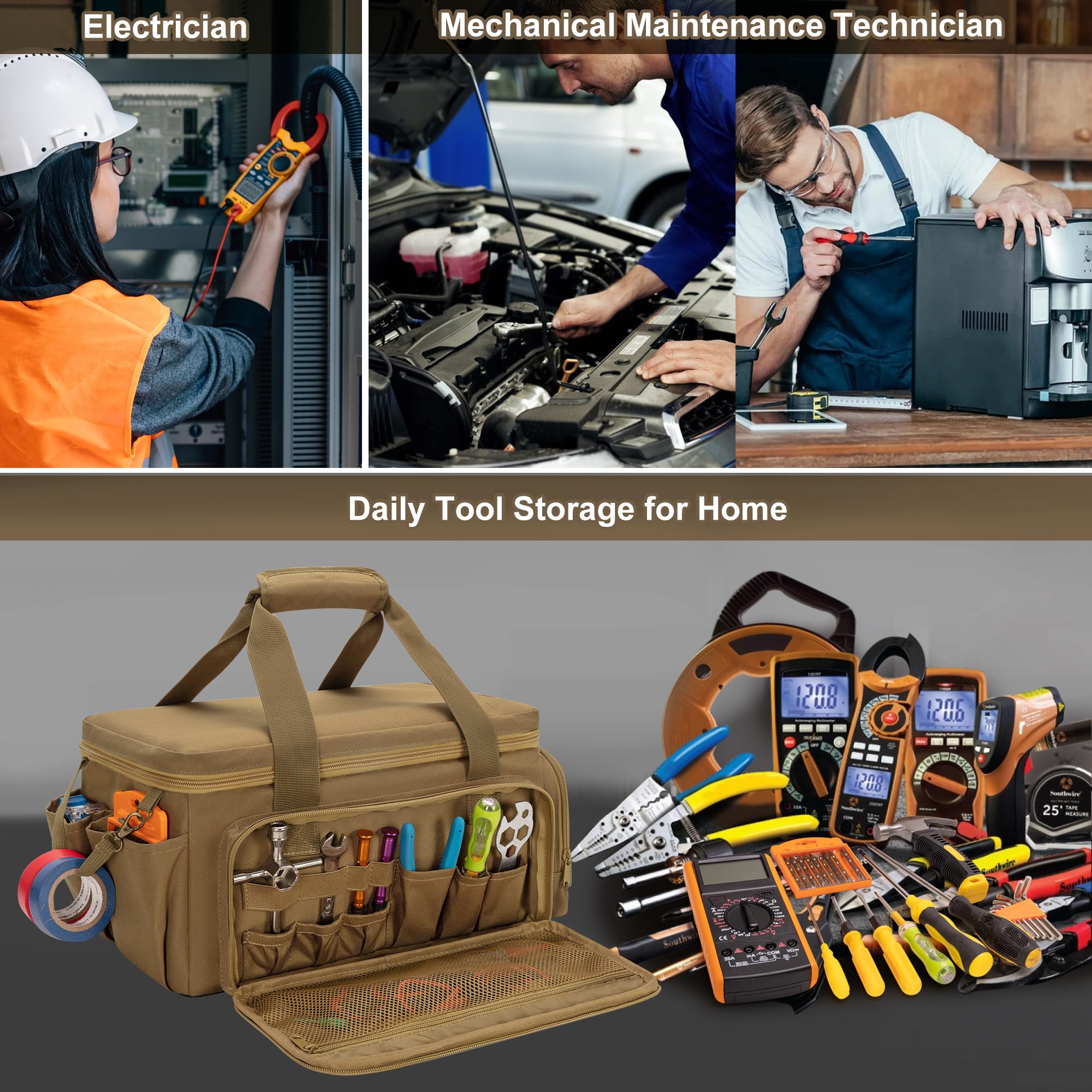 Rexmica 14-Inch Tool Bag front elastic organizer holds manuals