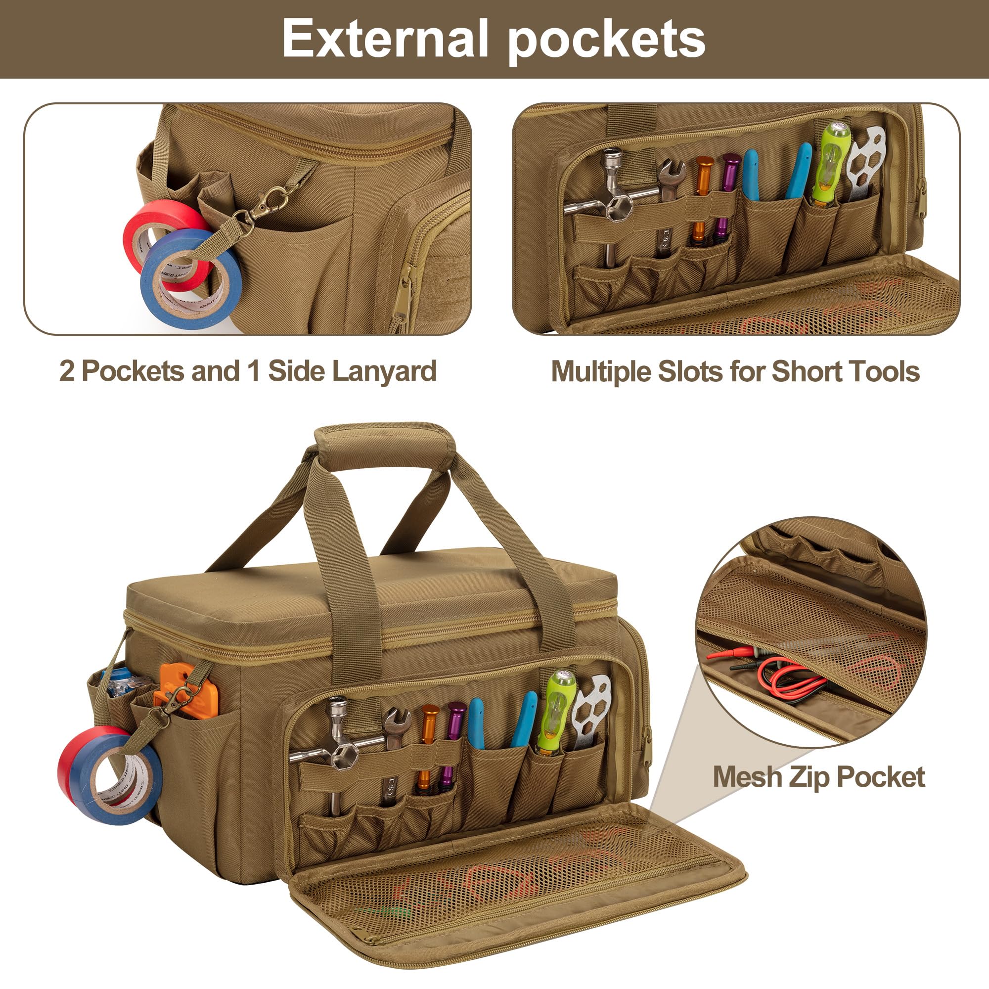 Rexmica 14-Inch Tool Bag interior pockets hold pliers and screwdrivers