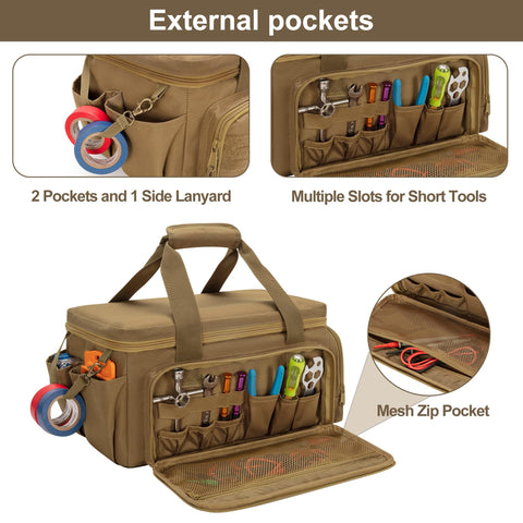 Rexmica 14-Inch Tool Bag interior pockets hold pliers and screwdrivers