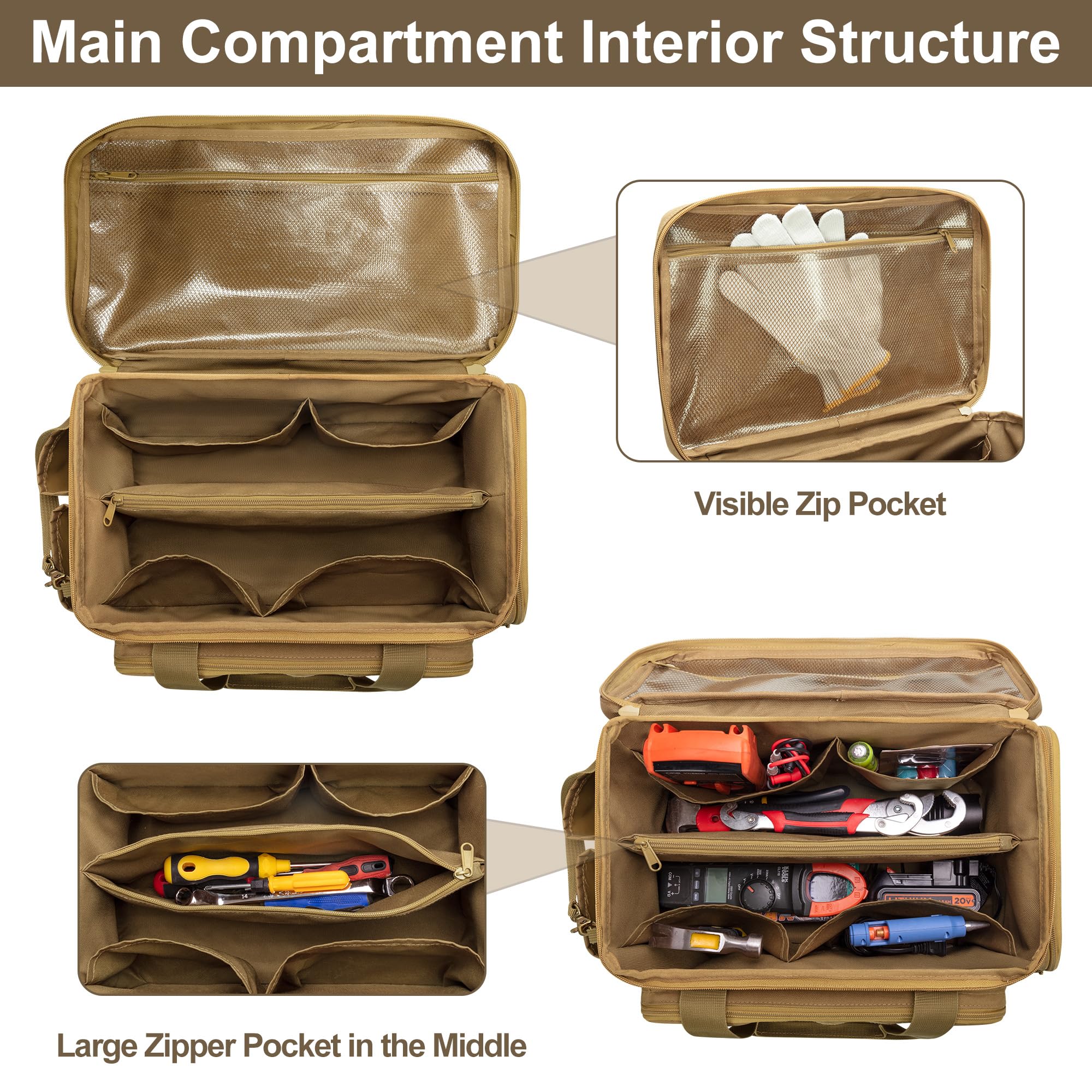 Rexmica 14-Inch Tool Bag main compartment keeps tools organized