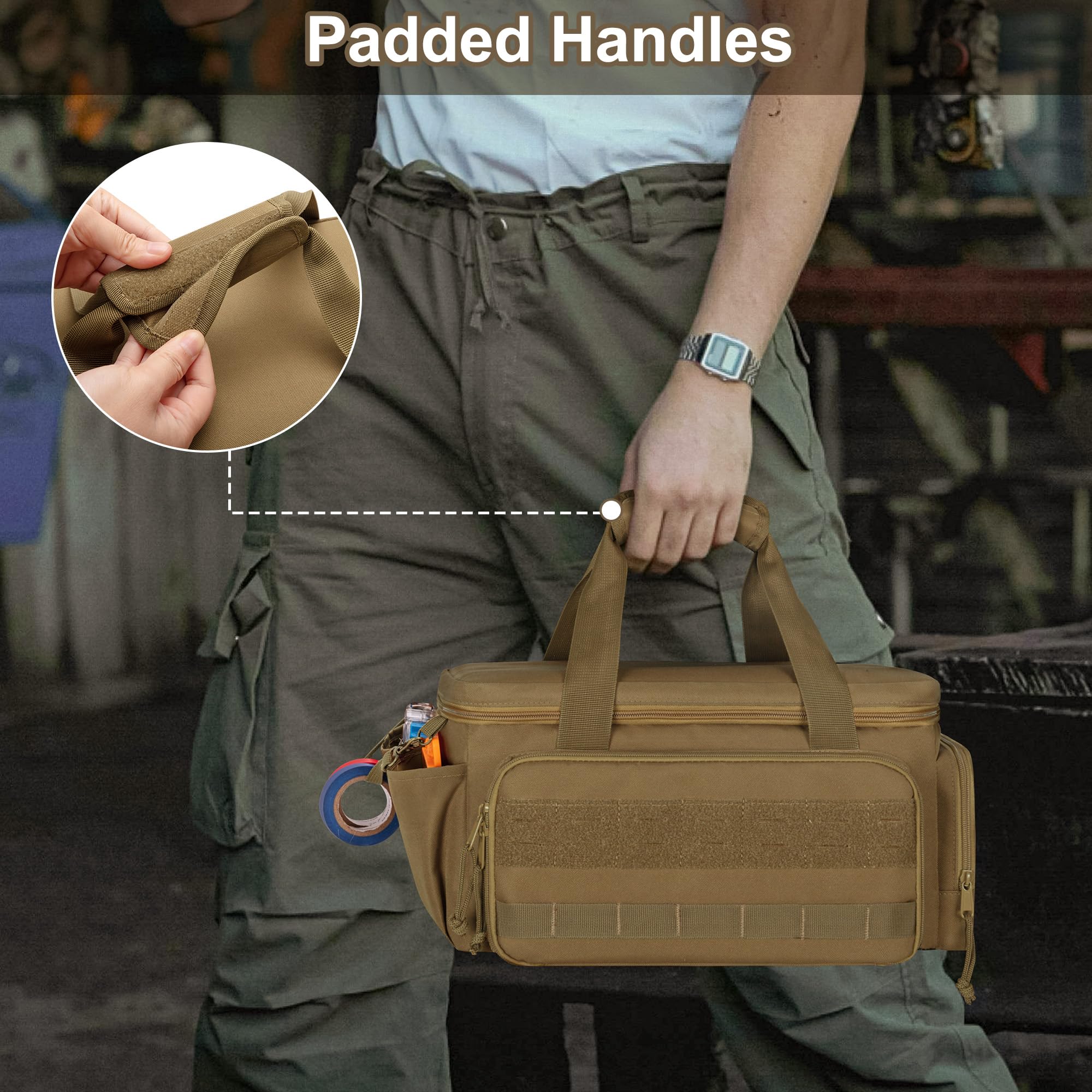 Rexmica 14-Inch Tool Bag side pockets store batteries and accessories