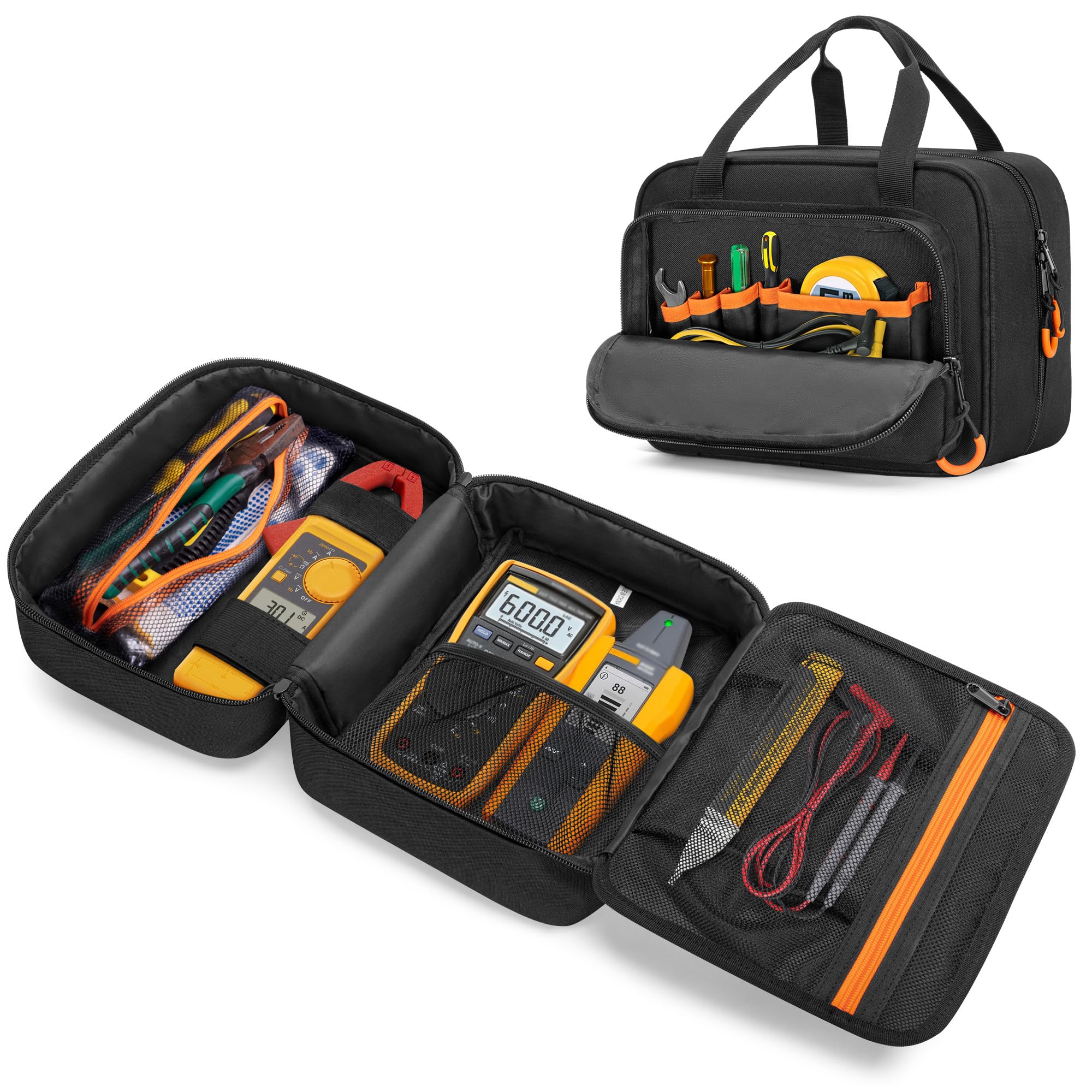 Rexmica bag front view highlighting compact organization for Fluke meters