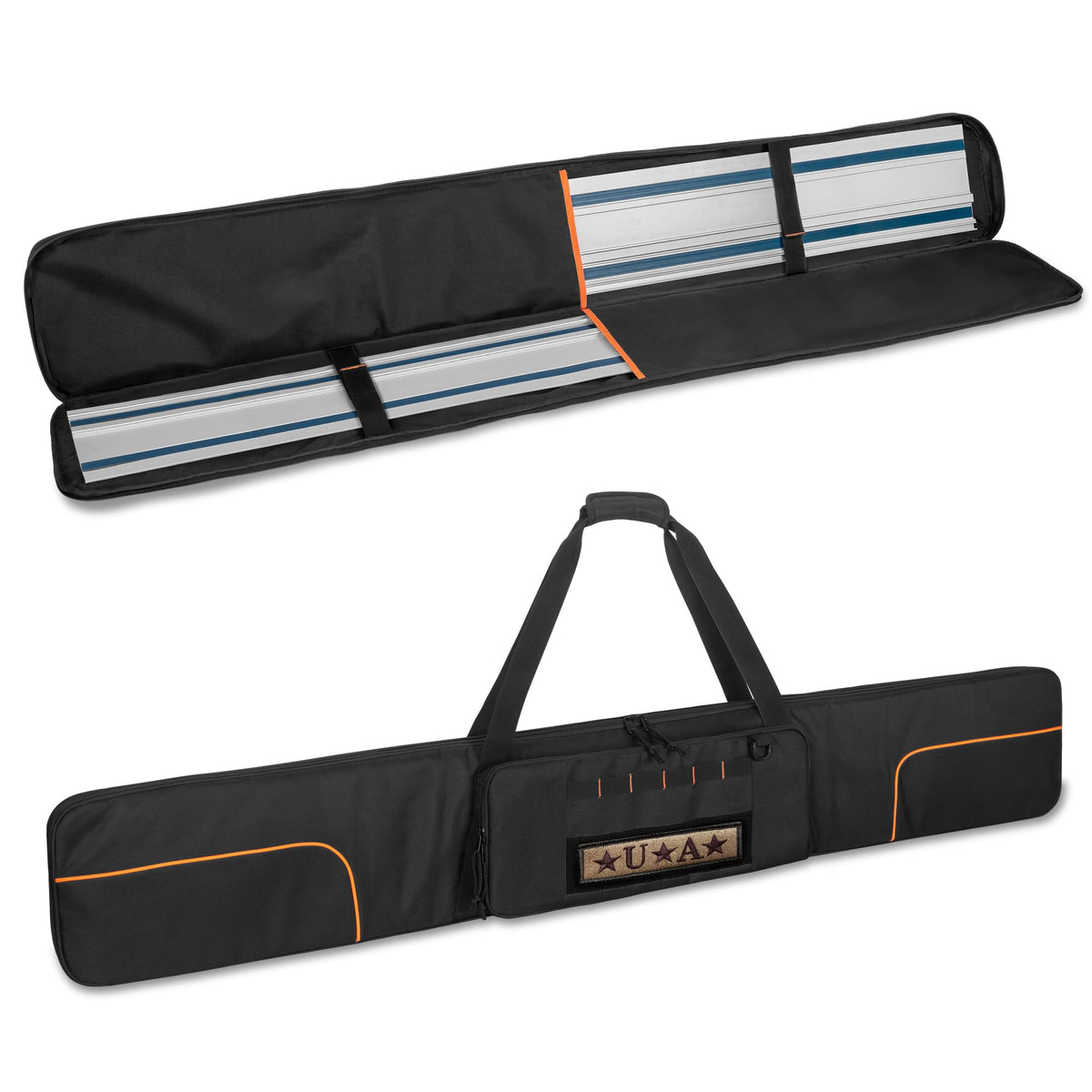 Rexmica bag demonstrates 59-inch track saw rail compatibility for easy transport