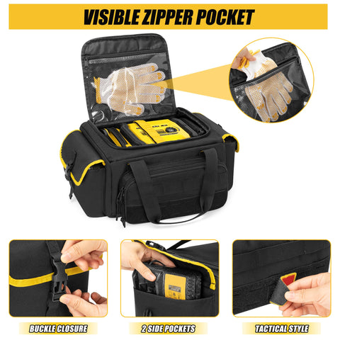 Rexmica front compartment stores tools and padded batteries securely.