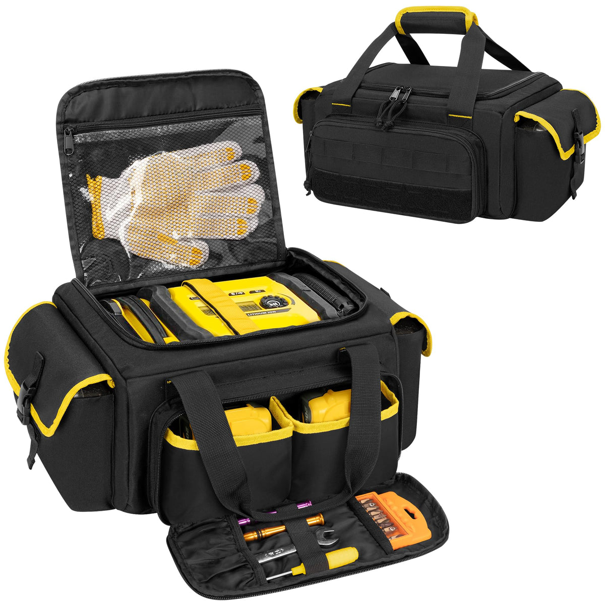 Rexmica bag with front pocket organization for inflator accessories.