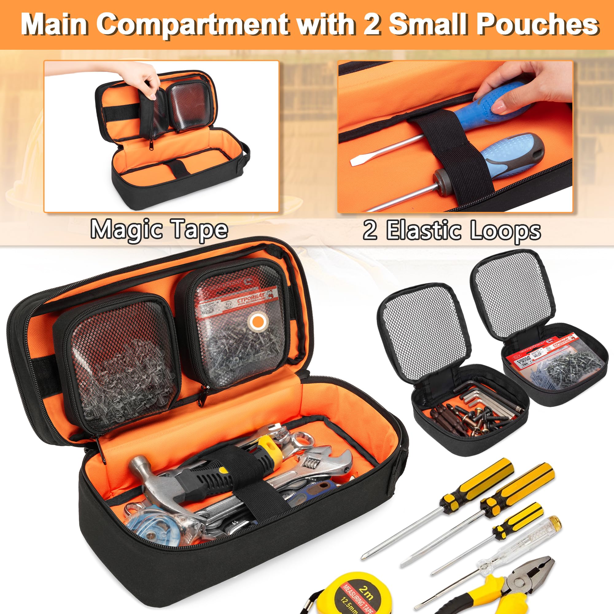 Detachable zipper pouches keep screws and small parts organized during tasks