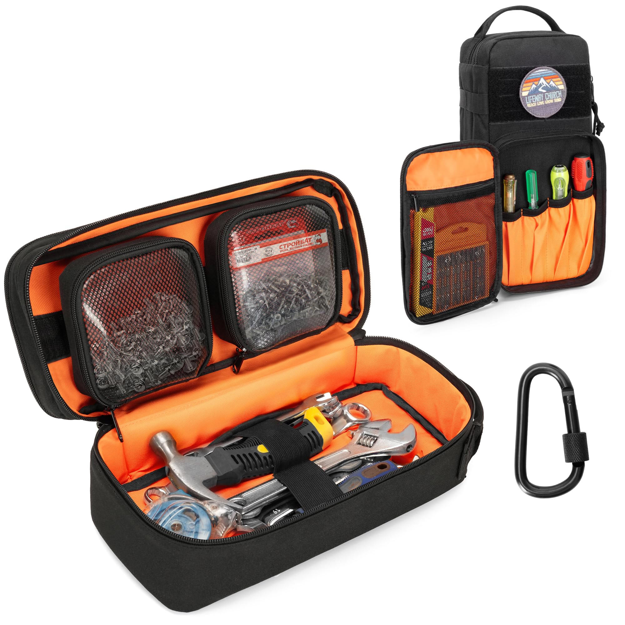 Rexmica tool bag top view highlighting roomy 12-inch main compartment
