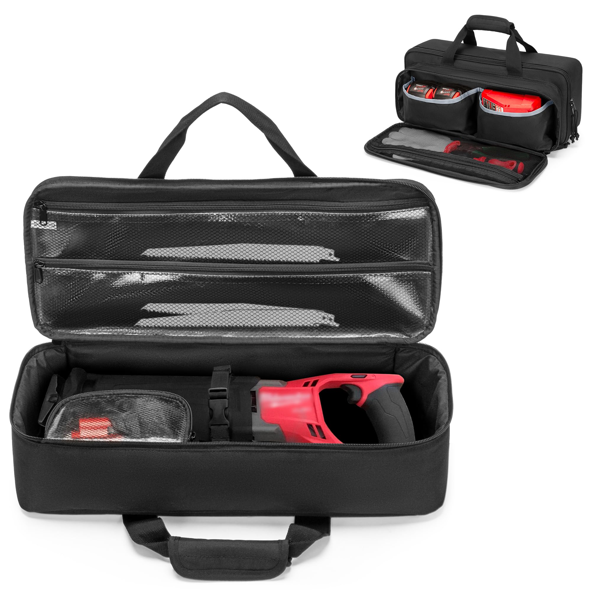Rexmica reciprocating saw case main compartment keeps tools organized and protected.