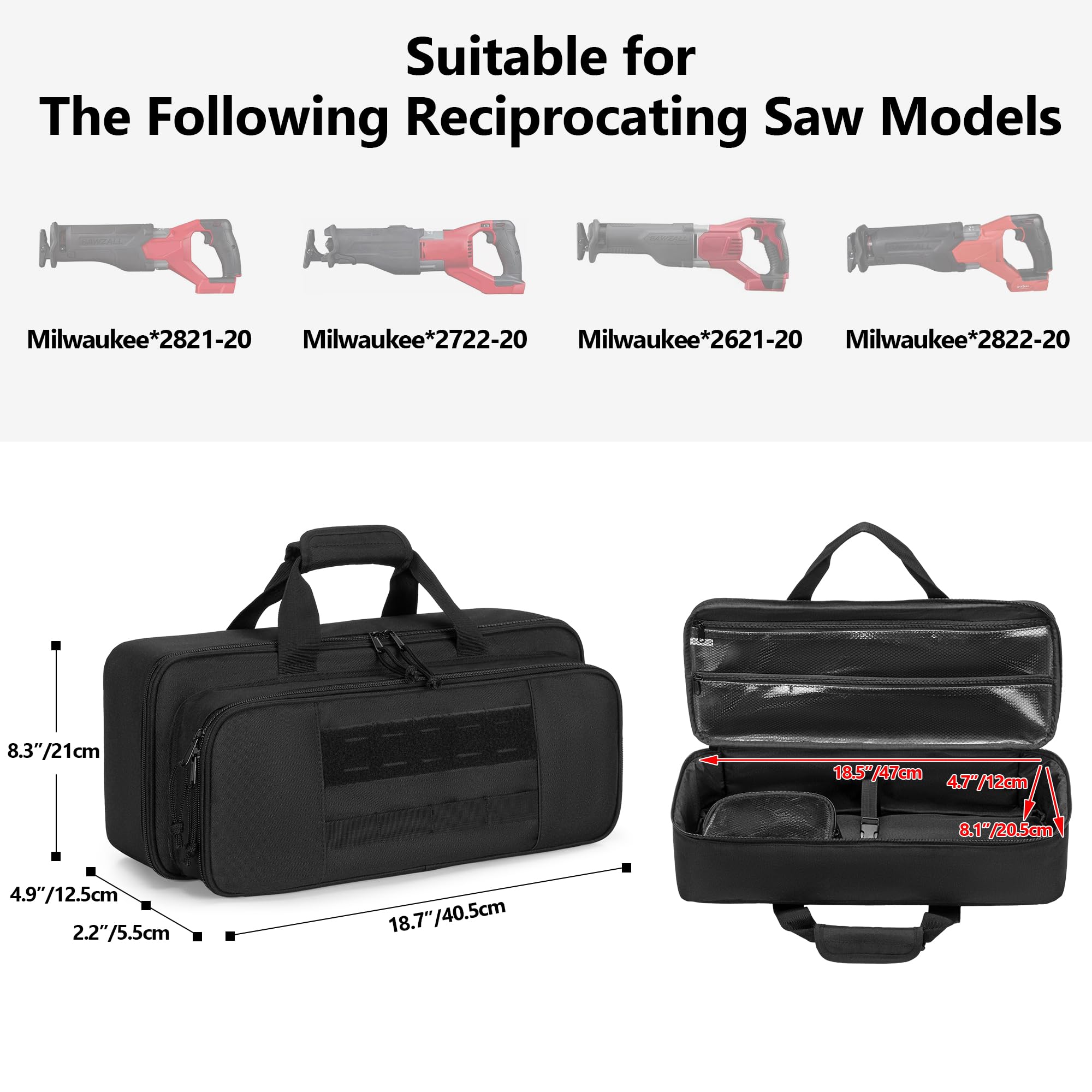 Rexmica reciprocating saw case pocket organization for blades and small parts.