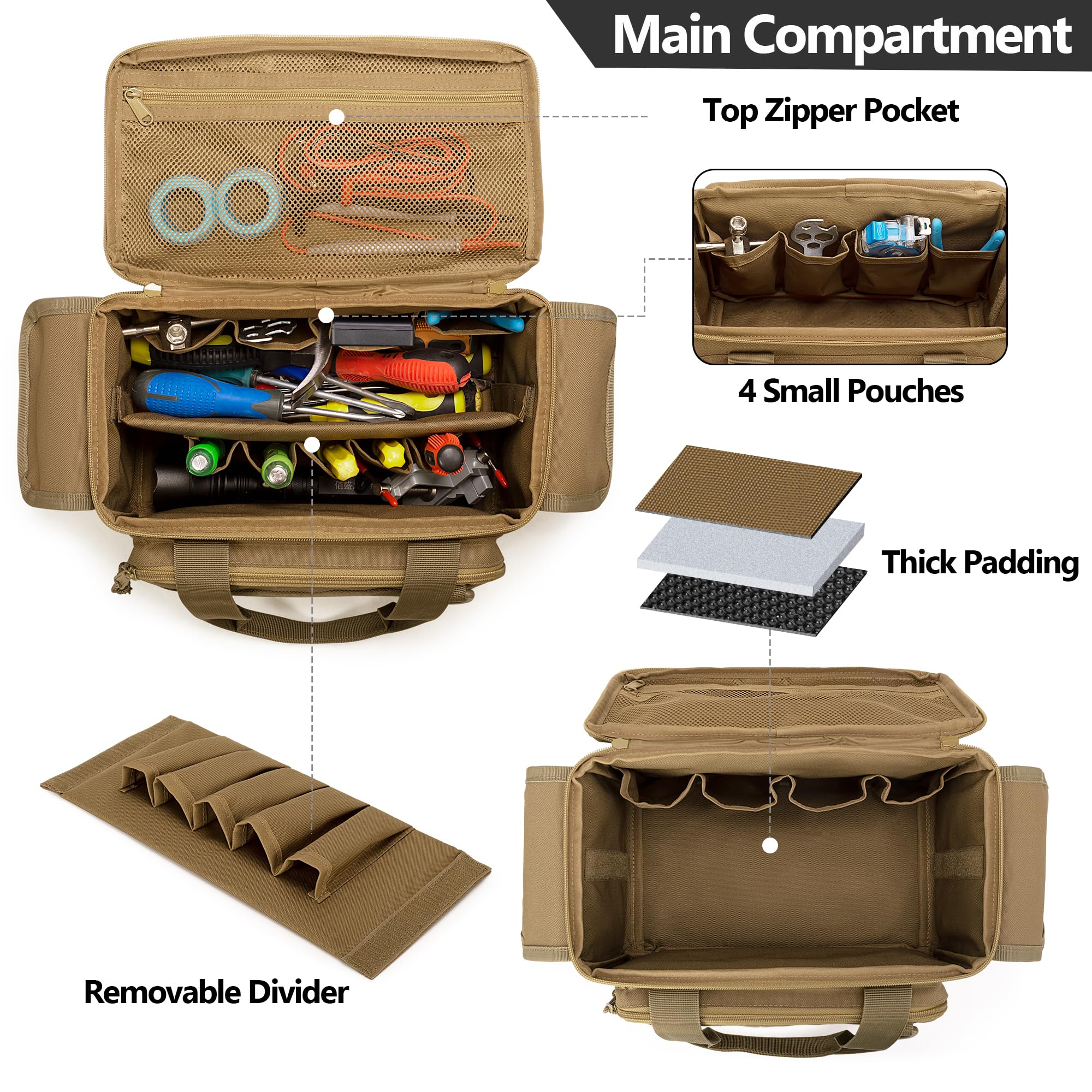 Rexmica tool organizer main compartment with divider keeps tools sorted.