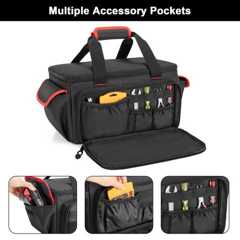 Rexmica tire inflator accessory pocket holds gauges and nozzles neatly.