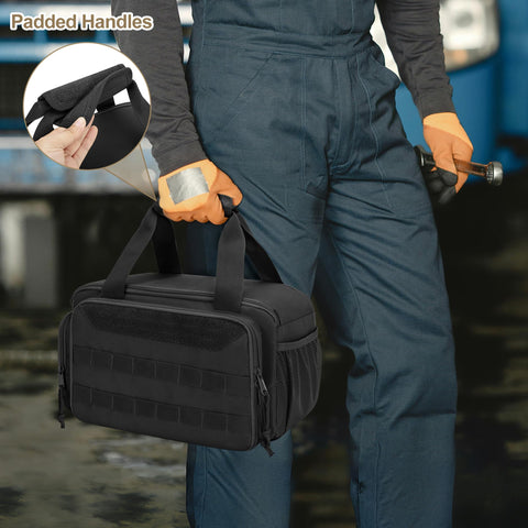 Rexmica tool bag full-opening design enables one-hand access while working