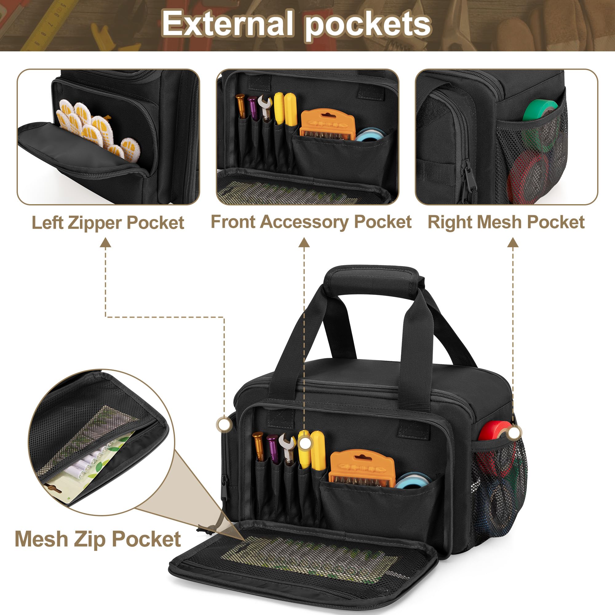 Rexmica tool bag left side zipper pocket organizes tape and small parts