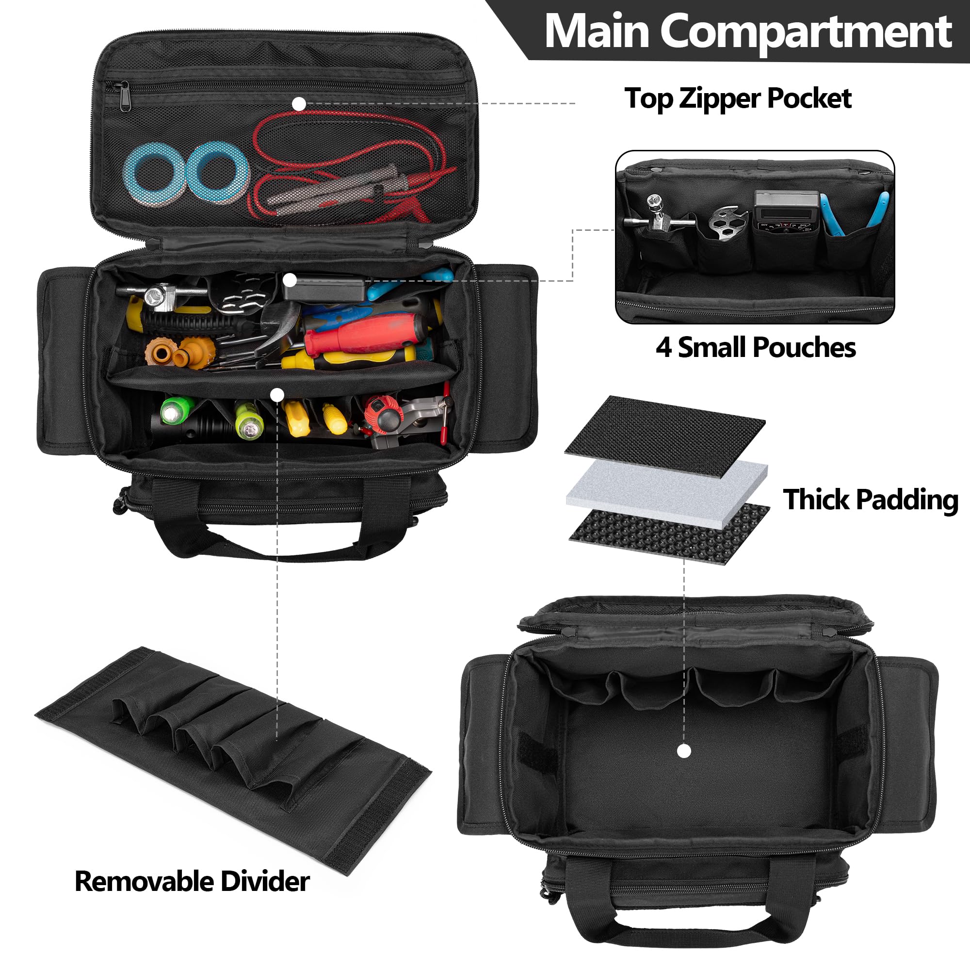Rexmica tool organizer main compartment shows divider and slots for compact storage