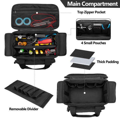 Rexmica tool organizer main compartment shows divider and slots for compact storage