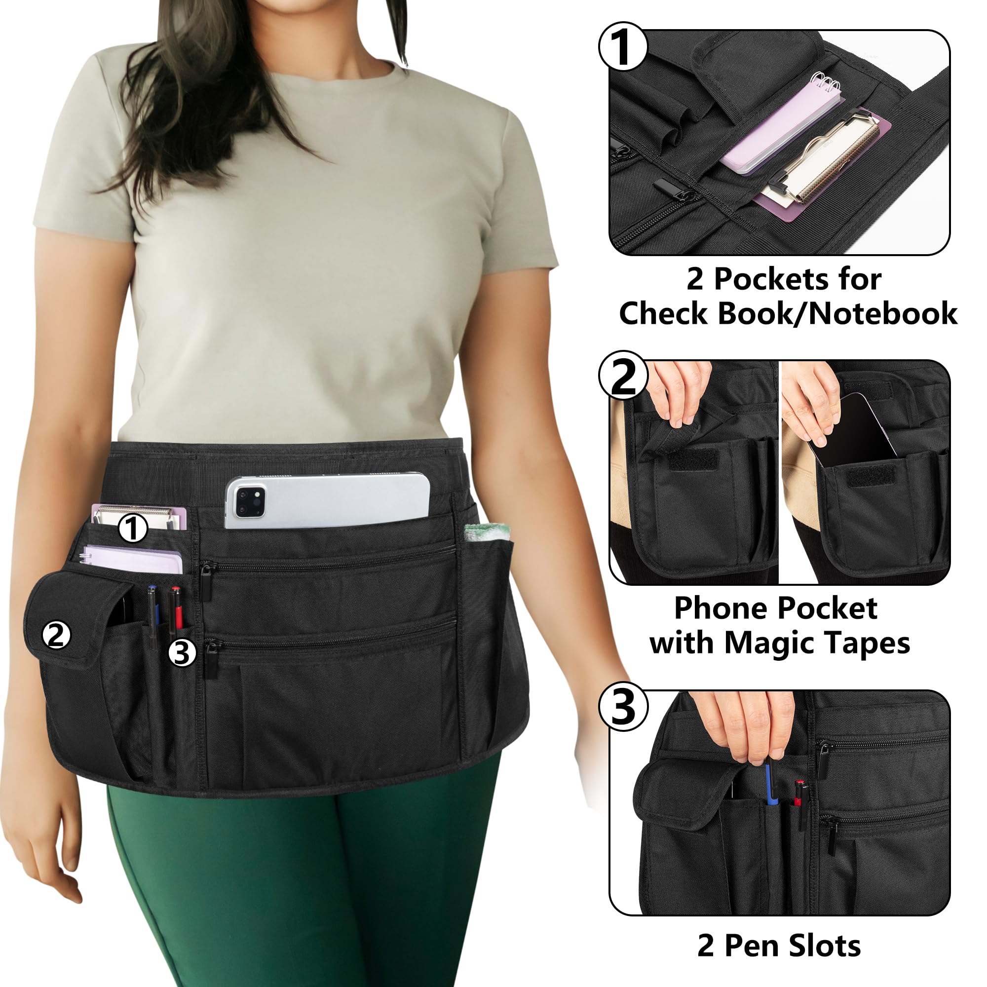 Rexmica waitstaff apron zippered pockets protect valuables during service.