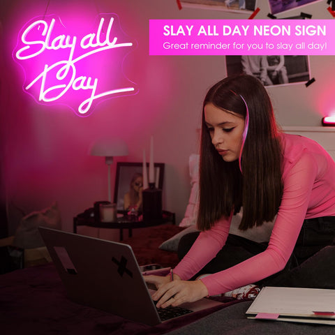 ReyeeInc Slay All Day pink neon sign for teen bedrooms with playful vibe.