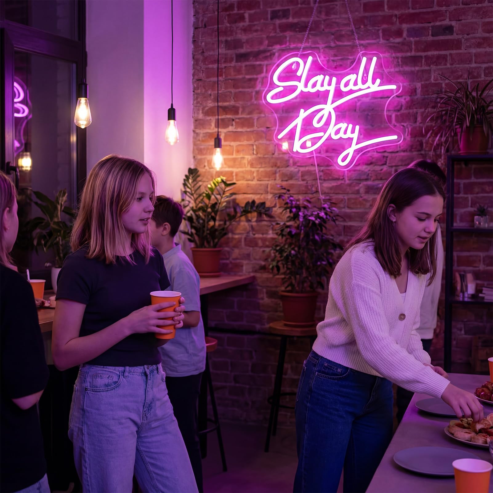 ReyeeInc Slay All Day pink neon sign enhances coquette room aesthetics.