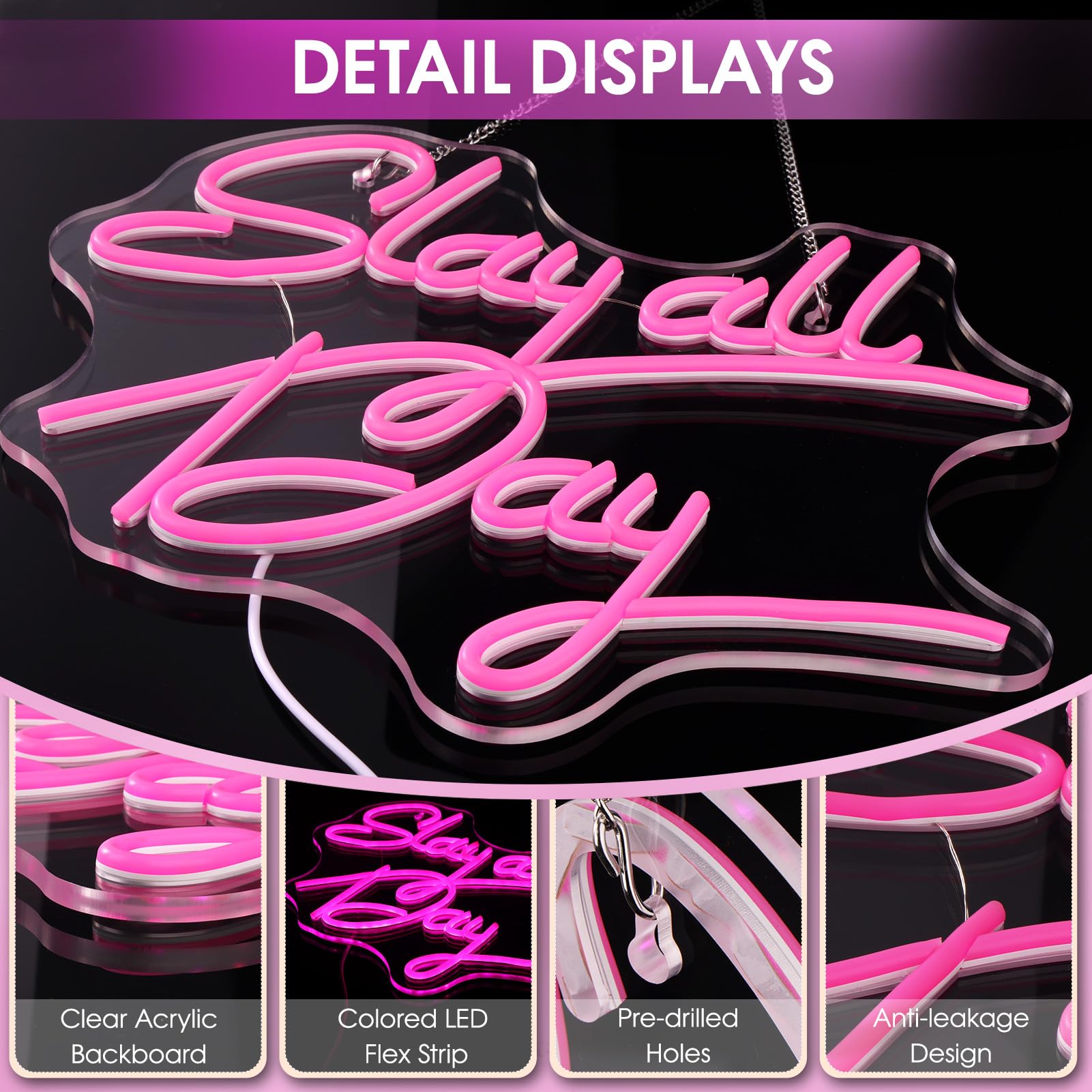 ReyeeInc Slay All Day pink neon sign dimmable brightness for different moods.