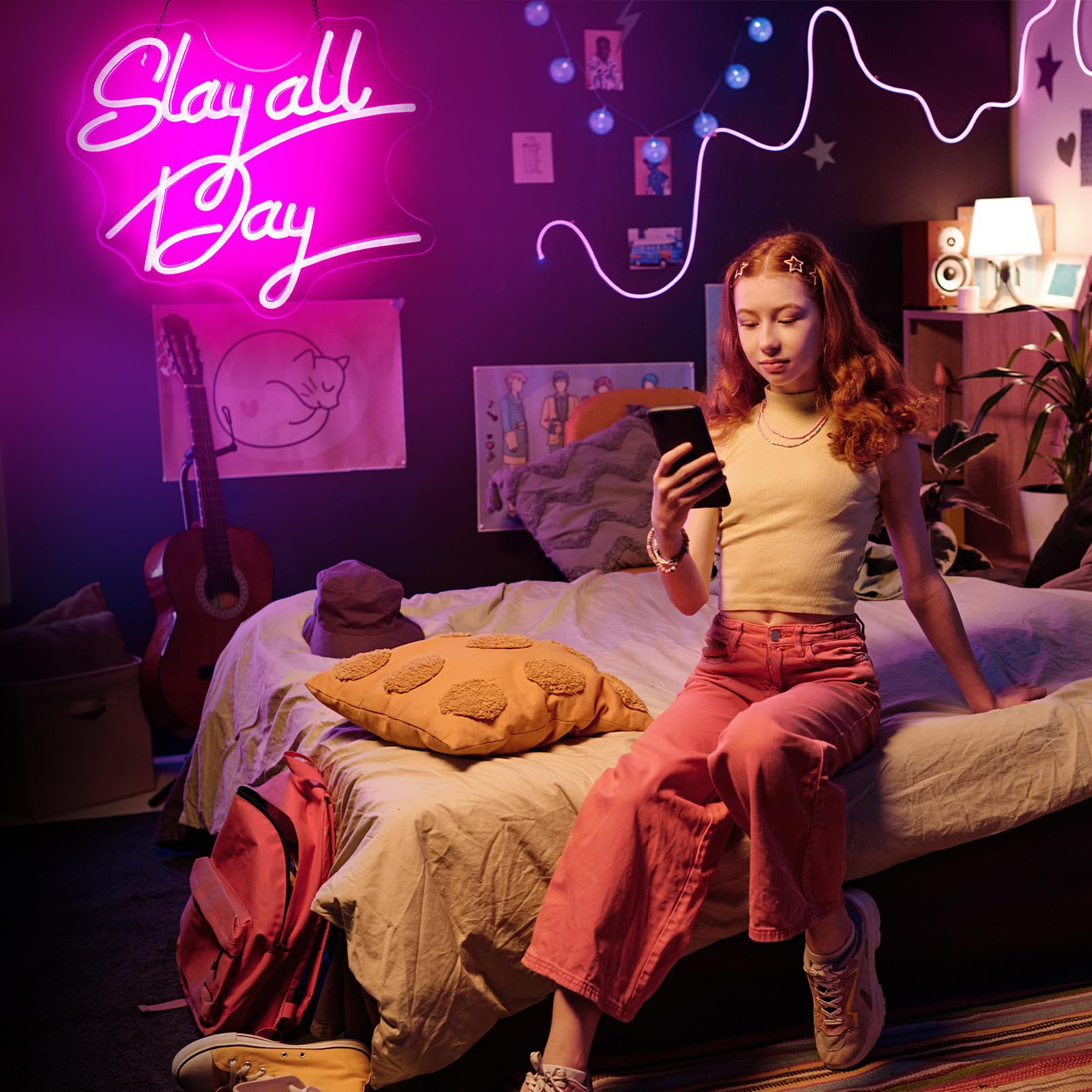ReyeeInc Slay All Day pink neon sign brightens dorm spaces day and night.