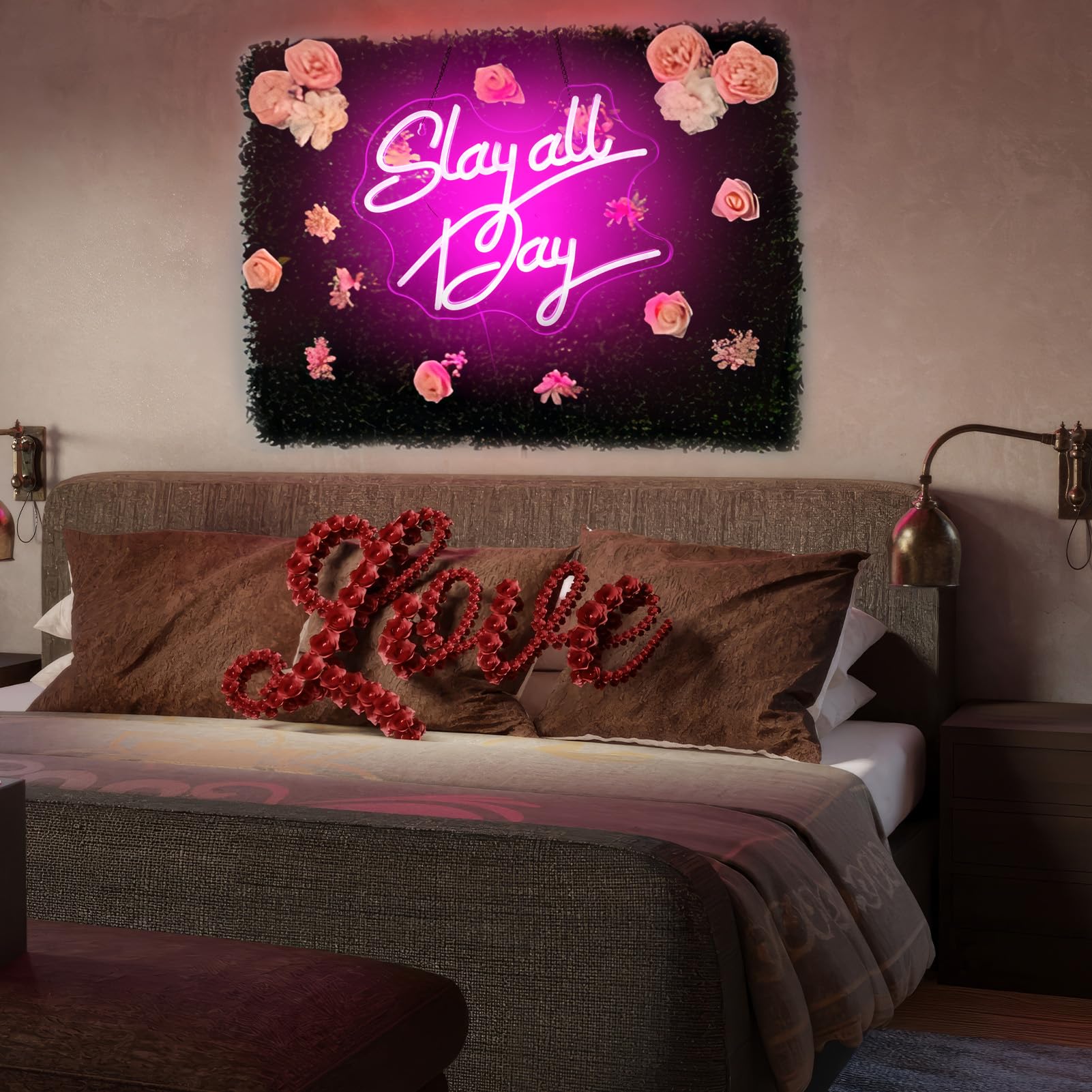 ReyeeInc Slay All Day pink neon sign energy-efficient lighting option.