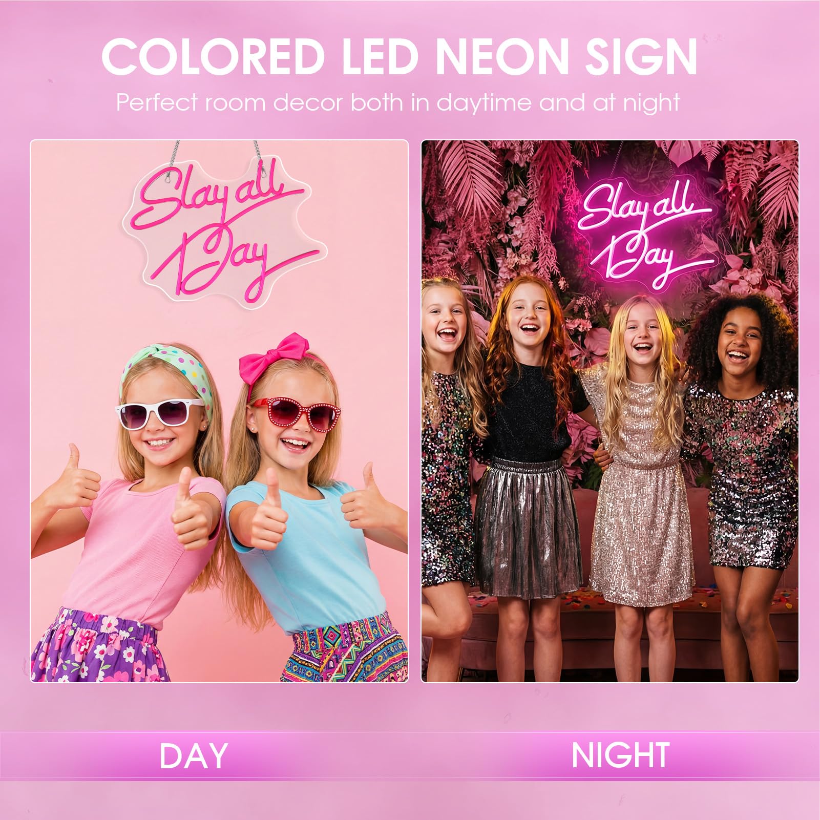 ReyeeInc Slay All Day pink neon sign USB powered for flexible placement.