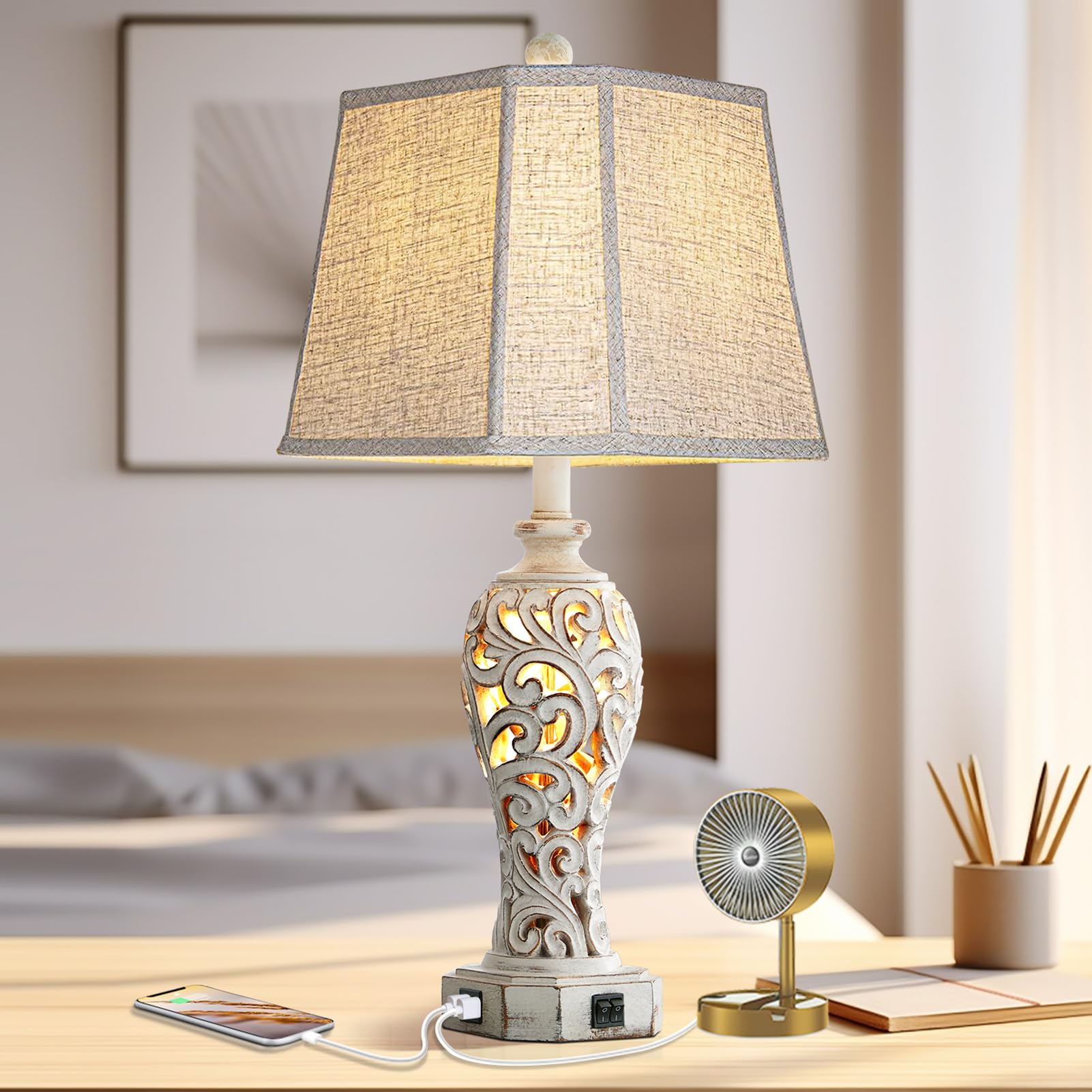 Reyokale lamp with natural linen white shade enhances decor.